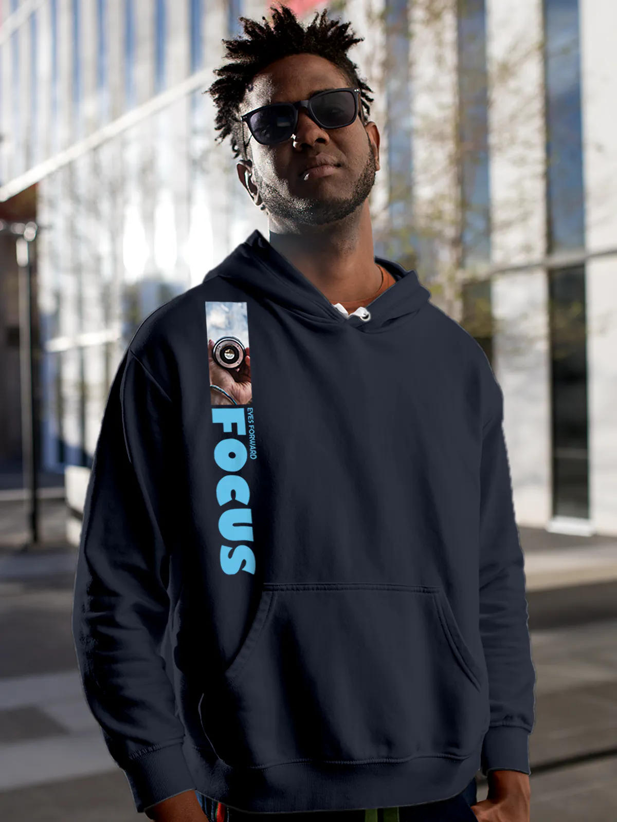 Model wearing Men's Navy Blue Hoodie Sweatshirt with 'Focus' design, offering effortless style and premium comfort