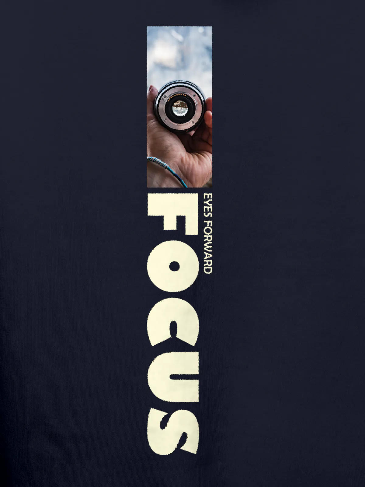 Close up of 'Focus' design on Men's Navy Blue Hoodie Sweatshirt, highlighting intricate details and vibrant print.