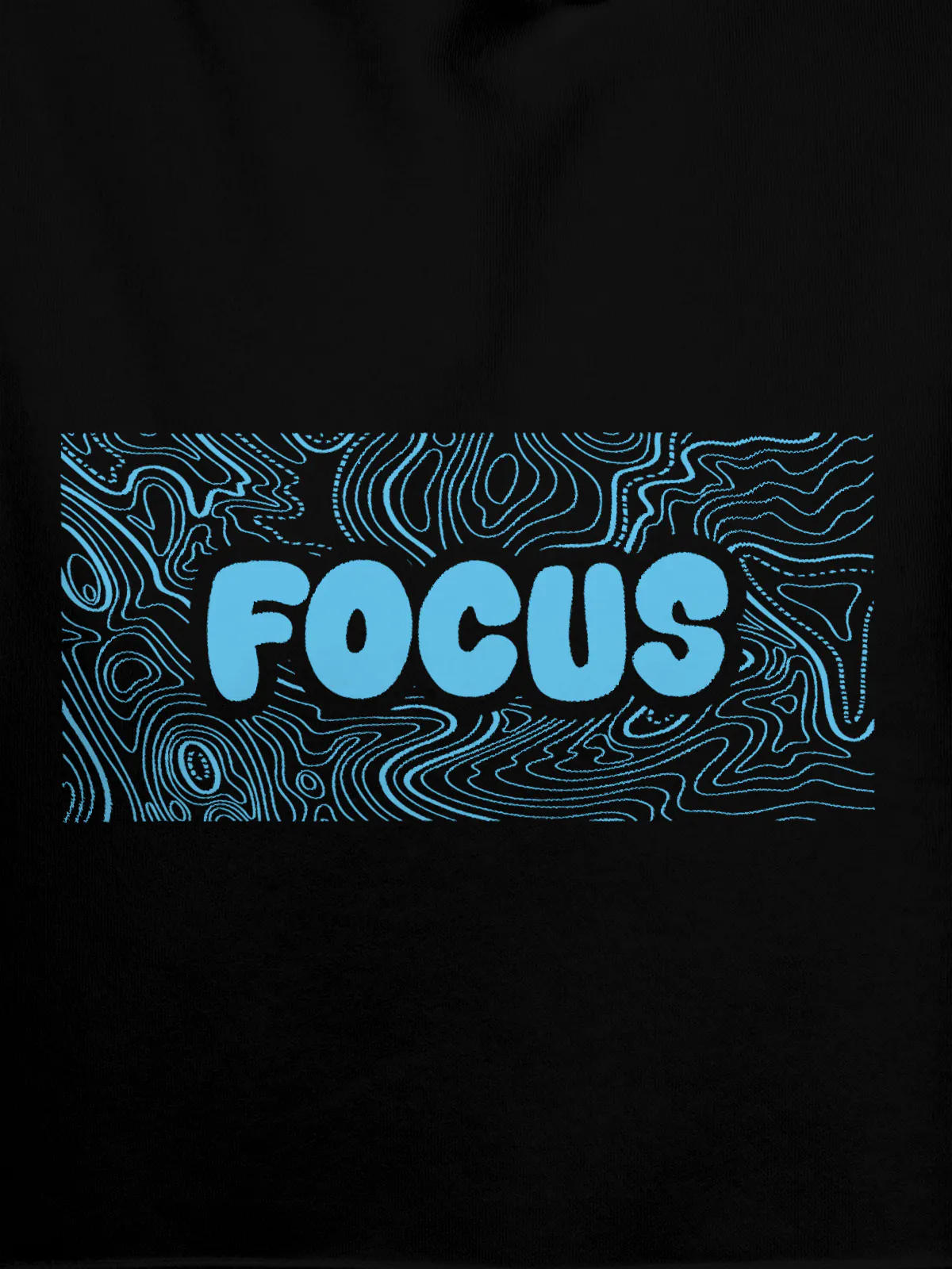 Close up of 'Focus In Chaos' design on Men's Black Hoodie Sweatshirt, highlighting intricate details and vibrant print.