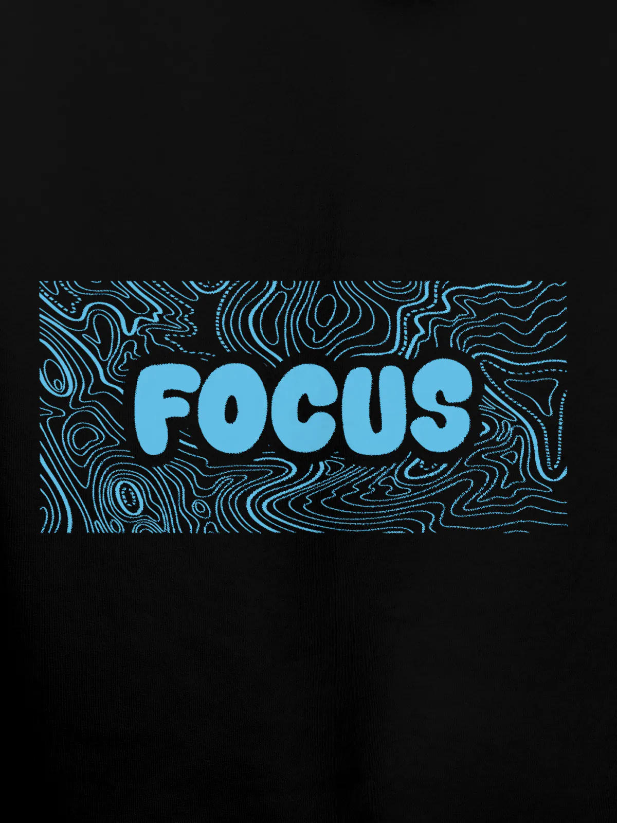 Close up of 'Focus In Chaos' design on Women's Black Hoodie Sweatshirt, highlighting intricate details and vibrant print.