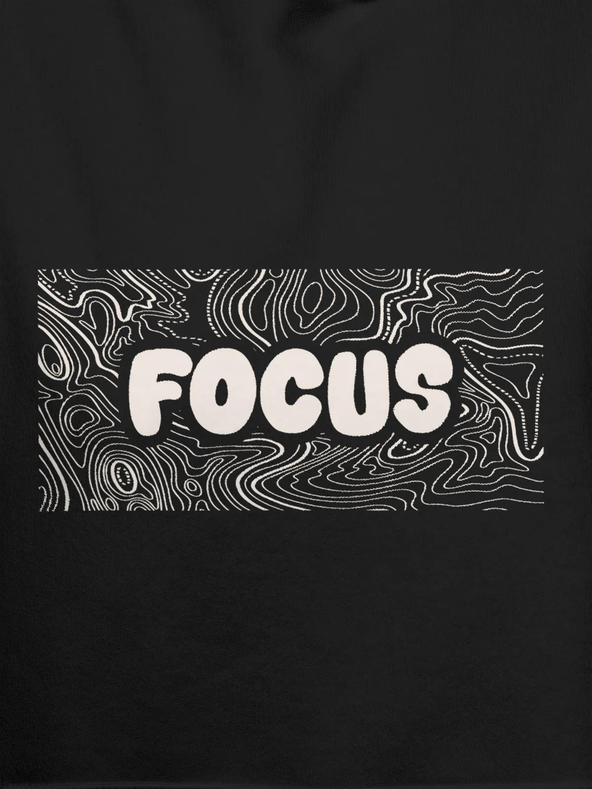 Close up of 'Focus In Chaos' design on Men's Dark Grey Hoodie Sweatshirt, highlighting intricate details and vibrant print.
