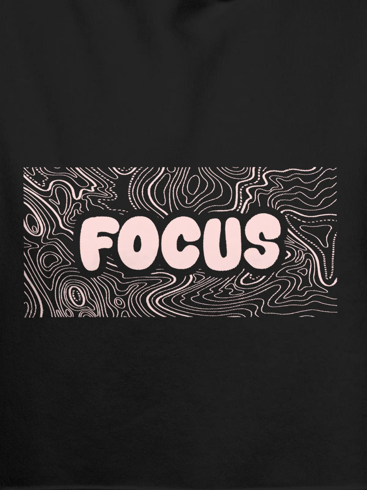 Close up of 'Focus In Chaos' design on Men's Dark Grey Hoodie Sweatshirt, highlighting intricate details and vibrant print.