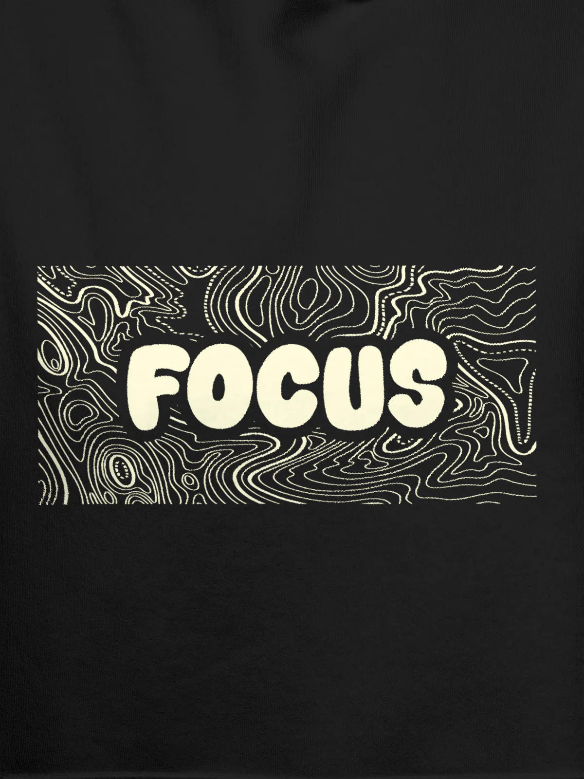 Close up of 'Focus In Chaos' design on Men's Dark Grey Hoodie Sweatshirt, highlighting intricate details and vibrant print.