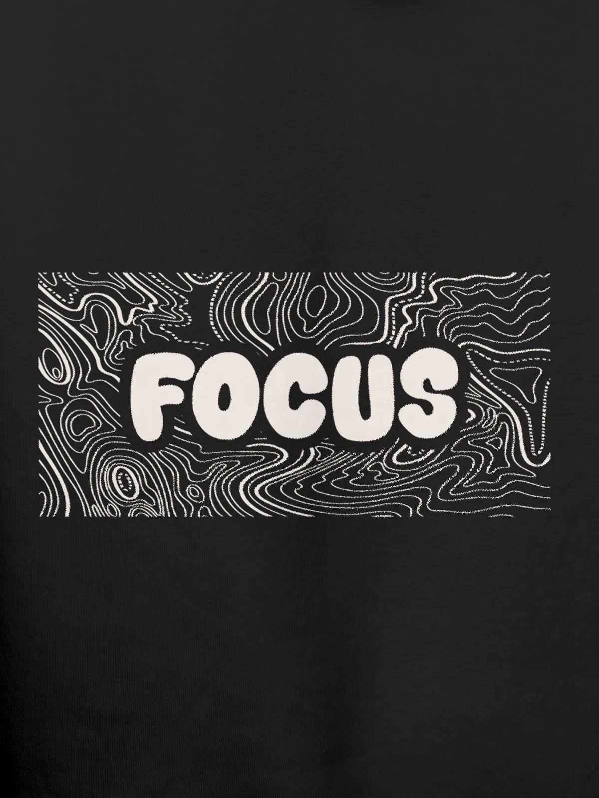 Close up of 'Focus In Chaos' design on Women's Dark Grey Hoodie Sweatshirt, highlighting intricate details and vibrant print.