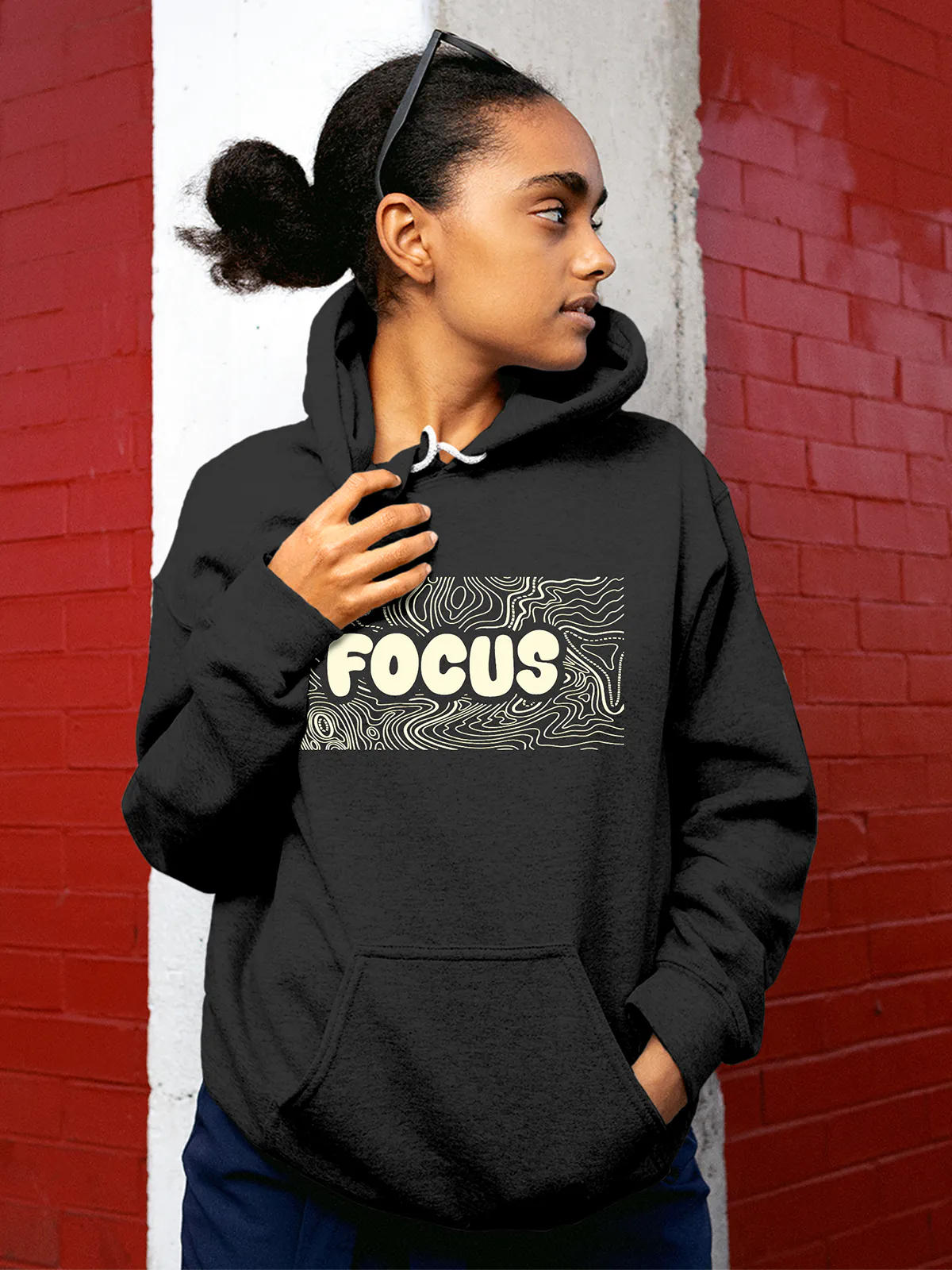 Model wearing Women's Dark Grey Hoodie Sweatshirt with 'Focus In Chaos' design, offering effortless style and premium comfort