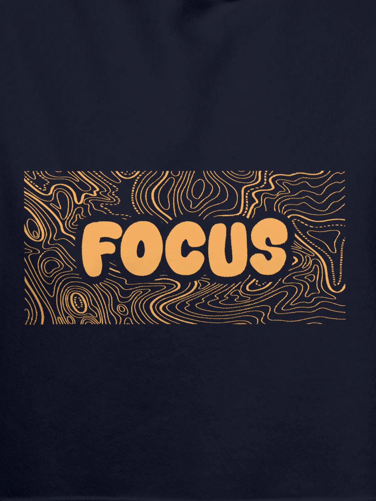 Close up of 'Focus In Chaos' design on Men's Navy Blue Hoodie Sweatshirt, highlighting intricate details and vibrant print.