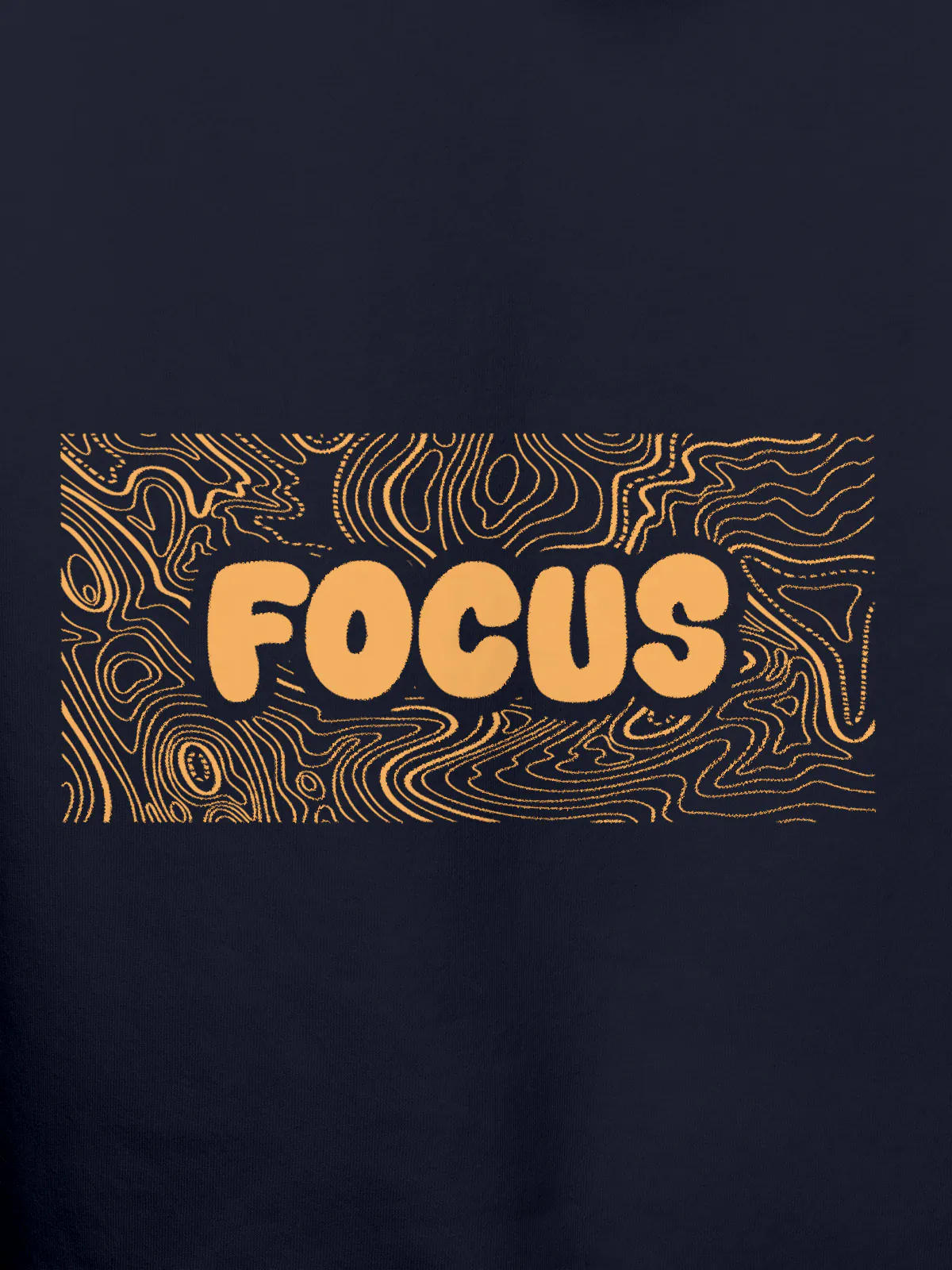 Close up of 'Focus In Chaos' design on Women's Navy Blue Hoodie Sweatshirt, highlighting intricate details and vibrant print.