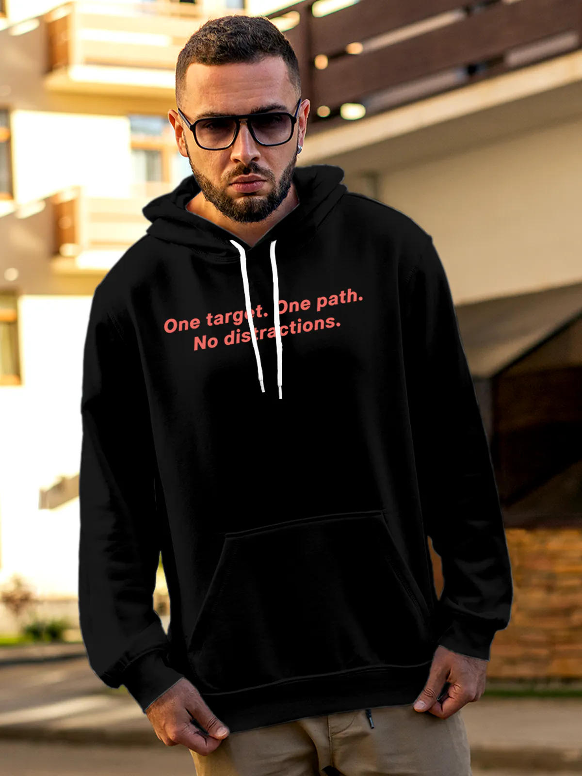Front view of Fighterhero Men's Black Hoodie Sweatshirt, highlighting the modern look and clean finish