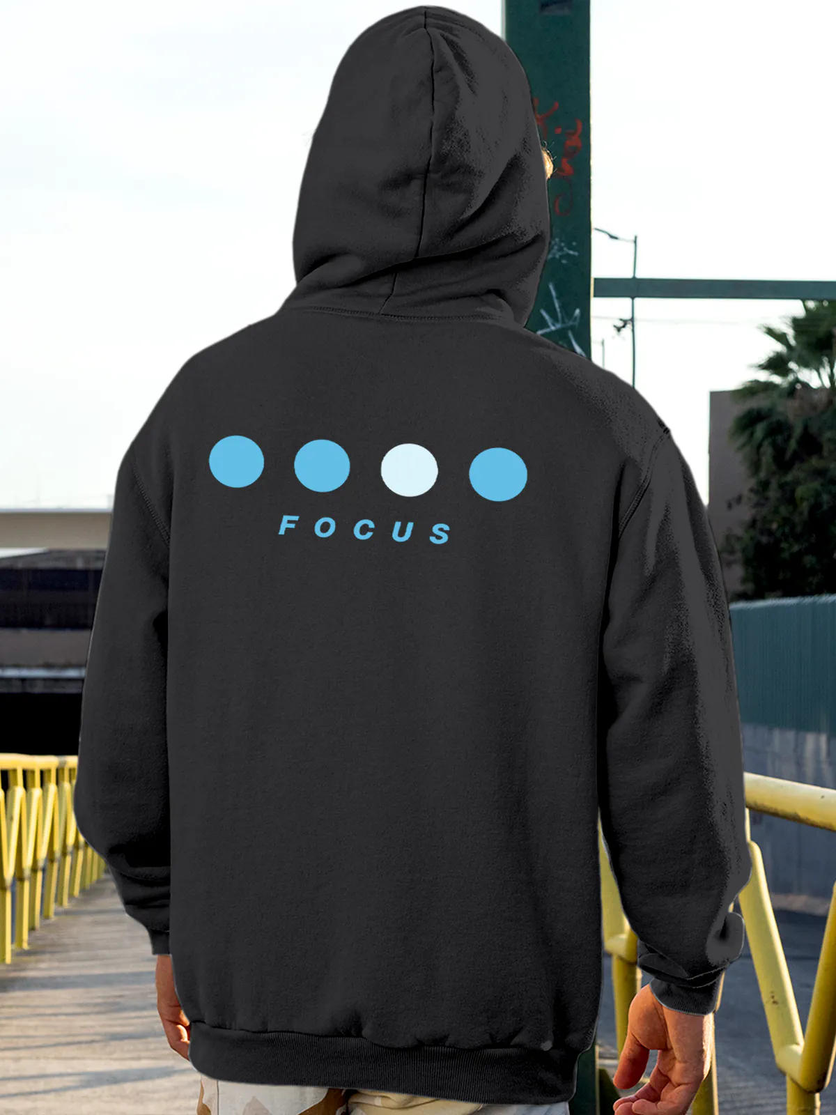Model wearing Men's Dark Grey Hoodie Sweatshirt with 'Focus On Goal' design, offering effortless style and premium comfort