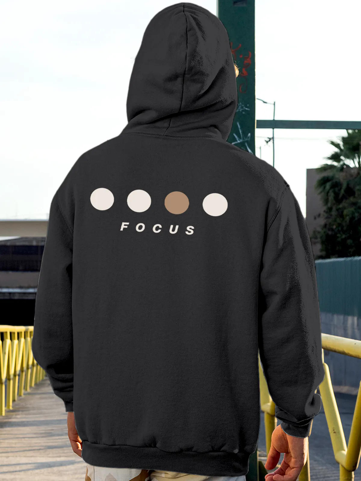 Model wearing Men's Dark Grey Hoodie Sweatshirt with 'Focus On Goal' design, offering effortless style and premium comfort