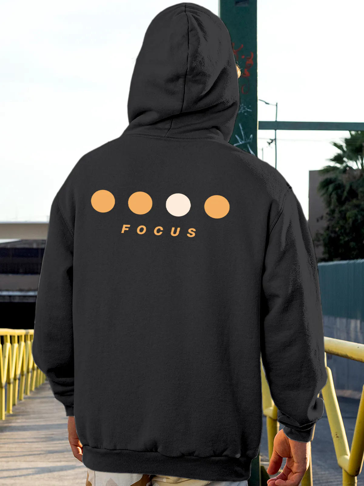 Model wearing Men's Dark Grey Hoodie Sweatshirt with 'Focus On Goal' design, offering effortless style and premium comfort