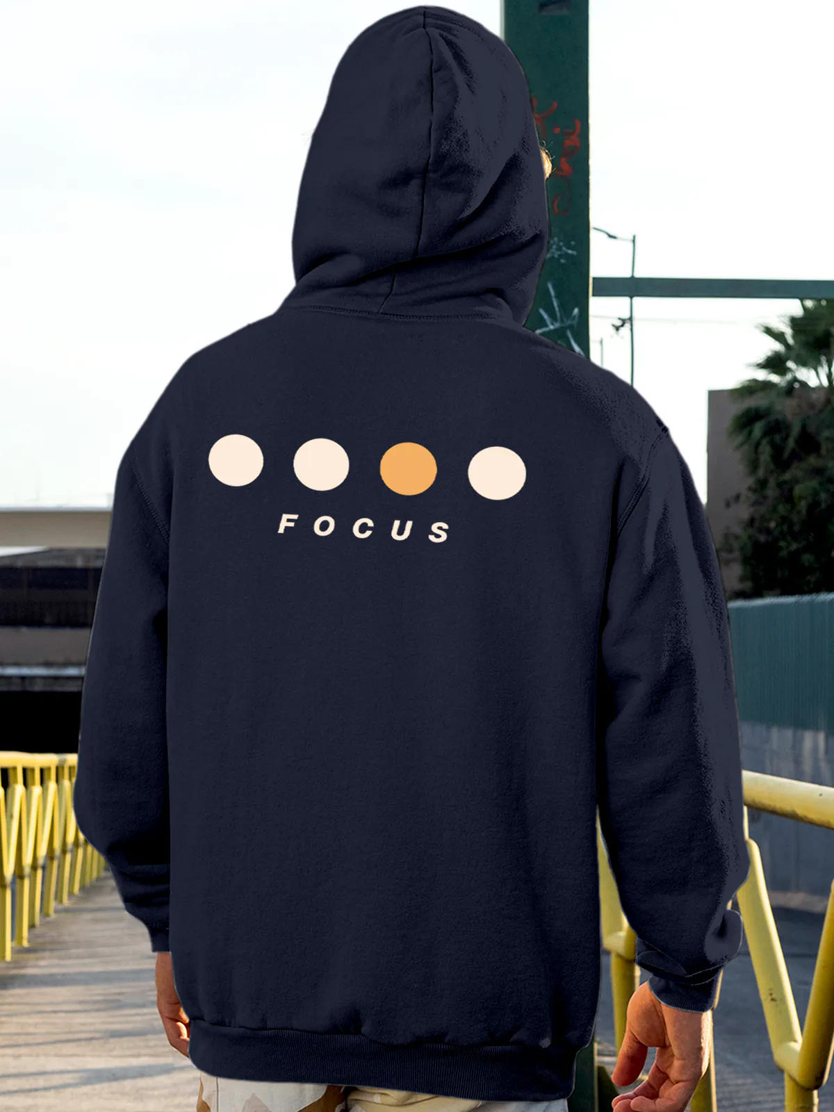 Model wearing Men's Navy Blue Hoodie Sweatshirt with 'Focus On Goal' design, offering effortless style and premium comfort