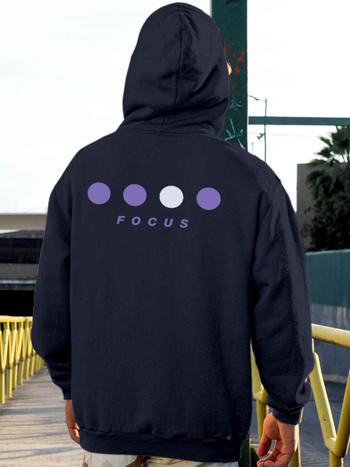 Model wearing Men's Navy Blue Hoodie Sweatshirt with 'Focus On Goal' design, offering effortless style and premium comfort