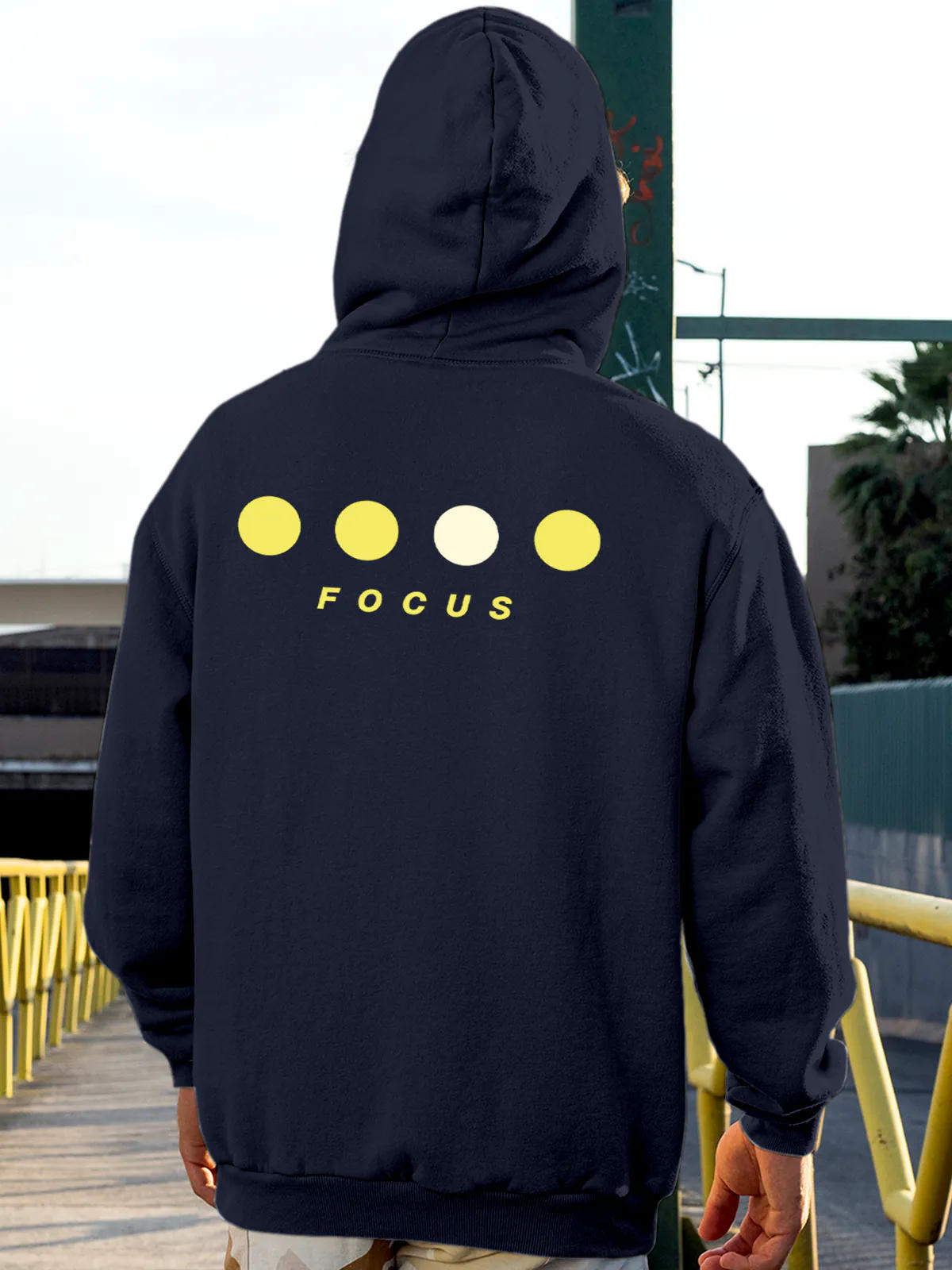 Model wearing Men's Navy Blue Hoodie Sweatshirt with 'Focus On Goal' design, offering effortless style and premium comfort