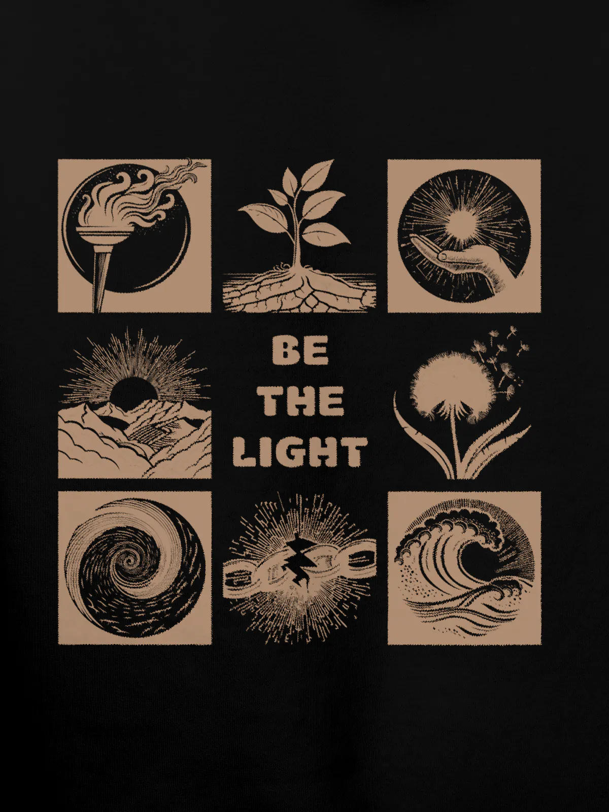 Close up of 'Be The Light' design on Men's Black Hoodie Sweatshirt, highlighting intricate details and vibrant print.