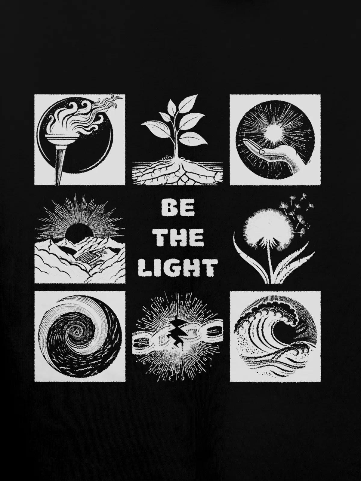 Close up of 'Be The Light' design on Men's Black Hoodie Sweatshirt, highlighting intricate details and vibrant print.