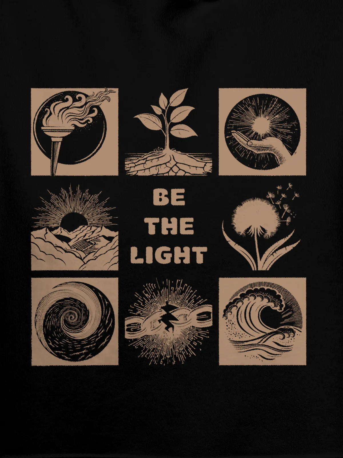 Close up of 'Be The Light' design on Women's Black Hoodie Sweatshirt, highlighting intricate details and vibrant print.
