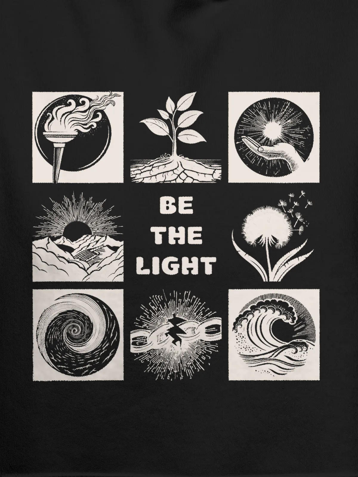 Close up of 'Be The Light' design on Women's Dark Grey Hoodie Sweatshirt, highlighting intricate details and vibrant print.
