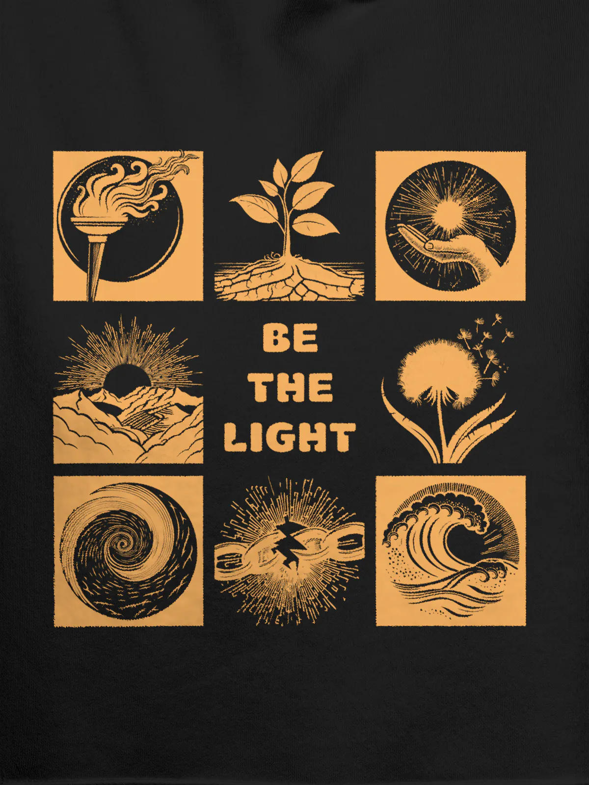 Close up of 'Be The Light' design on Women's Dark Grey Hoodie Sweatshirt, highlighting intricate details and vibrant print.