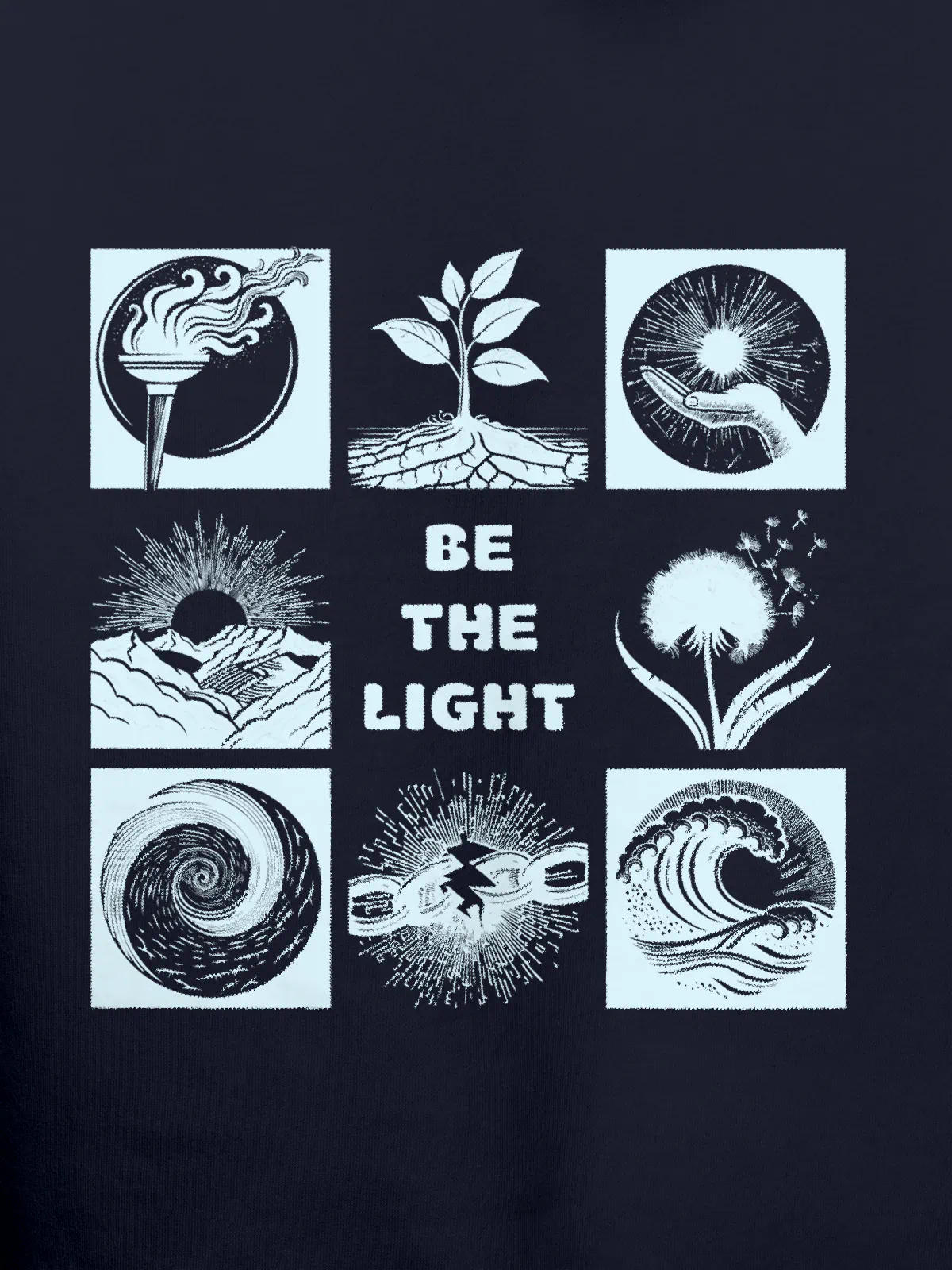 Close up of 'Be The Light' design on Men's Navy Blue Hoodie Sweatshirt, highlighting intricate details and vibrant print.