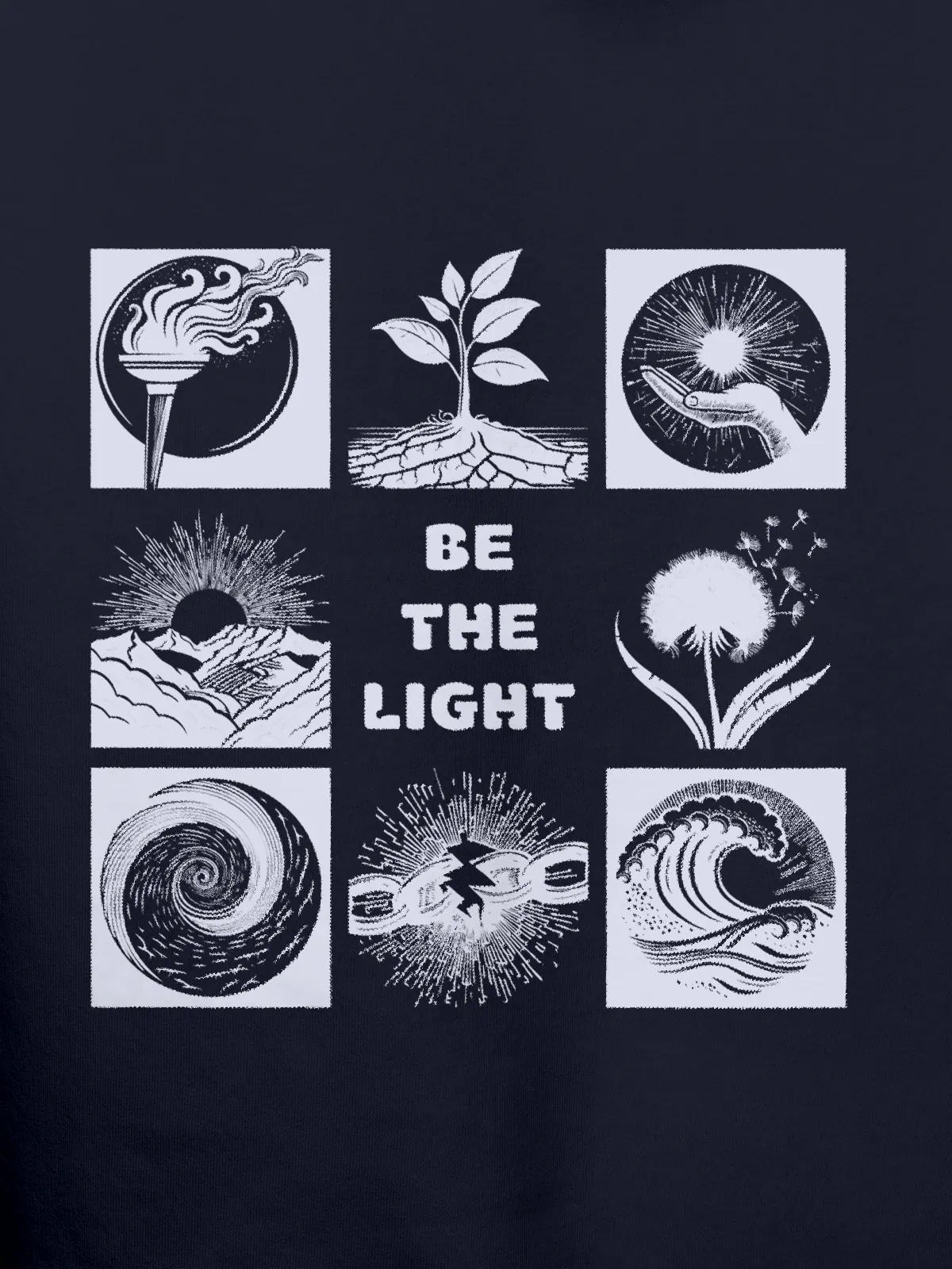 Close up of 'Be The Light' design on Men's Navy Blue Hoodie Sweatshirt, highlighting intricate details and vibrant print.