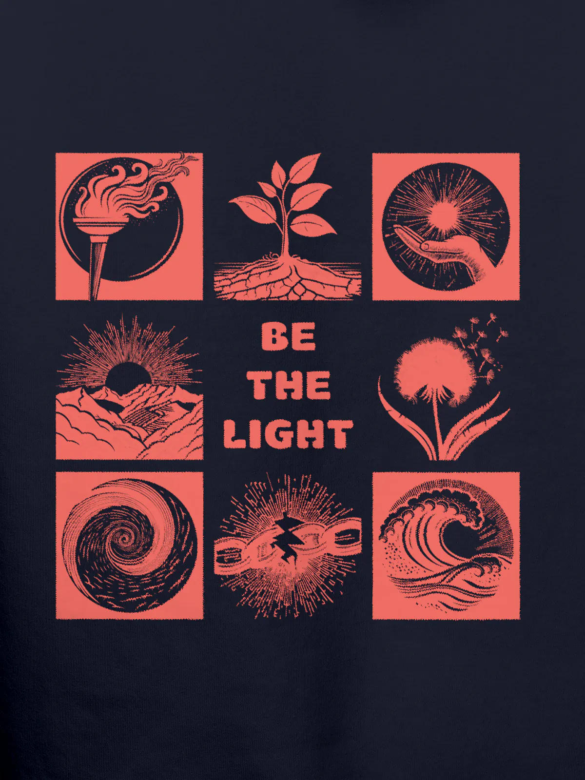 Close up of 'Be The Light' design on Men's Navy Blue Hoodie Sweatshirt, highlighting intricate details and vibrant print.