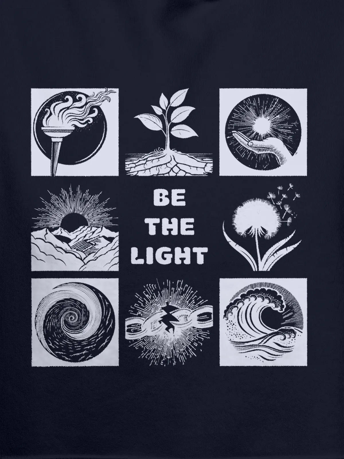 Close up of 'Be The Light' design on Women's Navy Blue Hoodie Sweatshirt, highlighting intricate details and vibrant print.