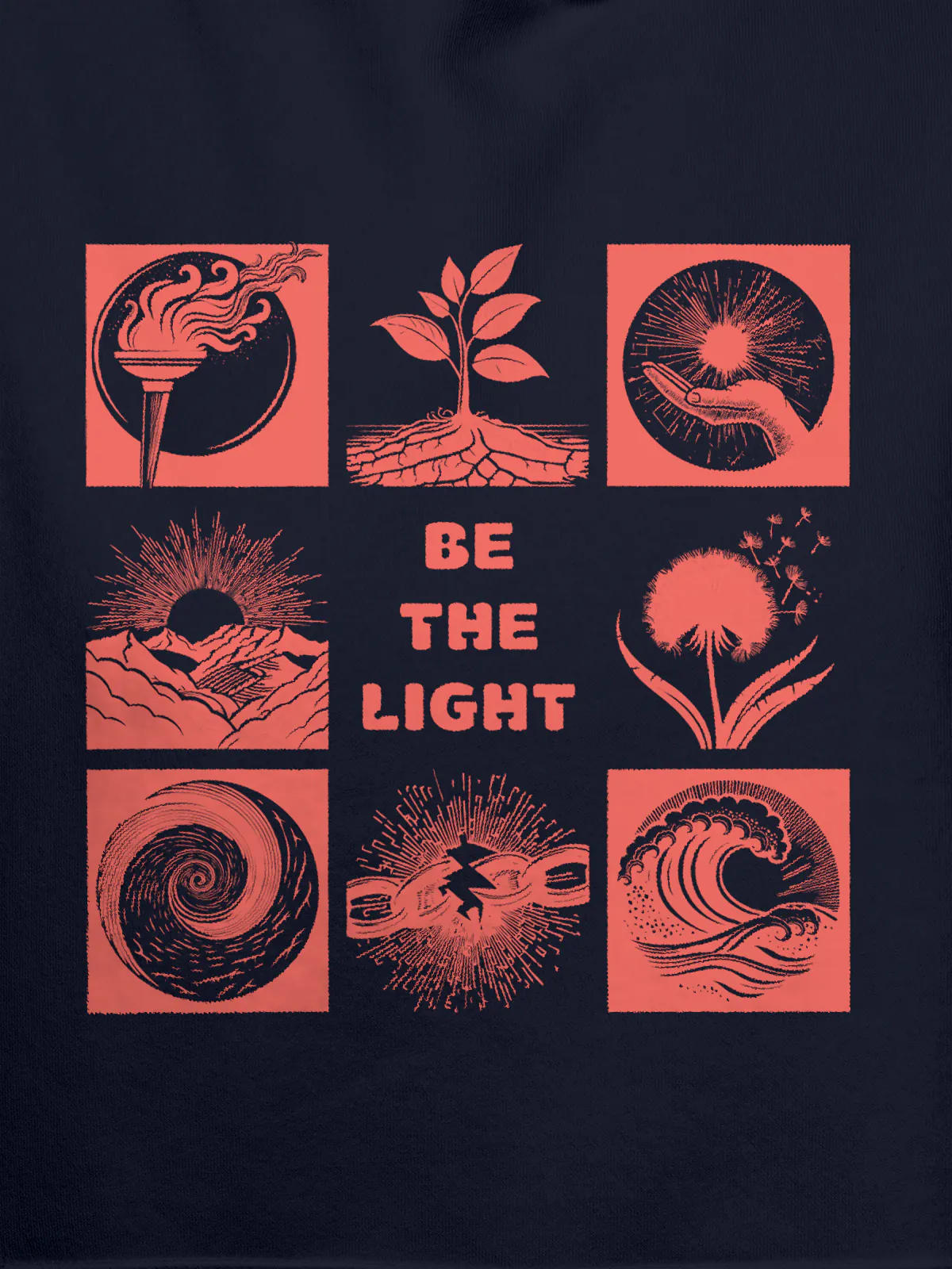 Close up of 'Be The Light' design on Women's Navy Blue Hoodie Sweatshirt, highlighting intricate details and vibrant print.