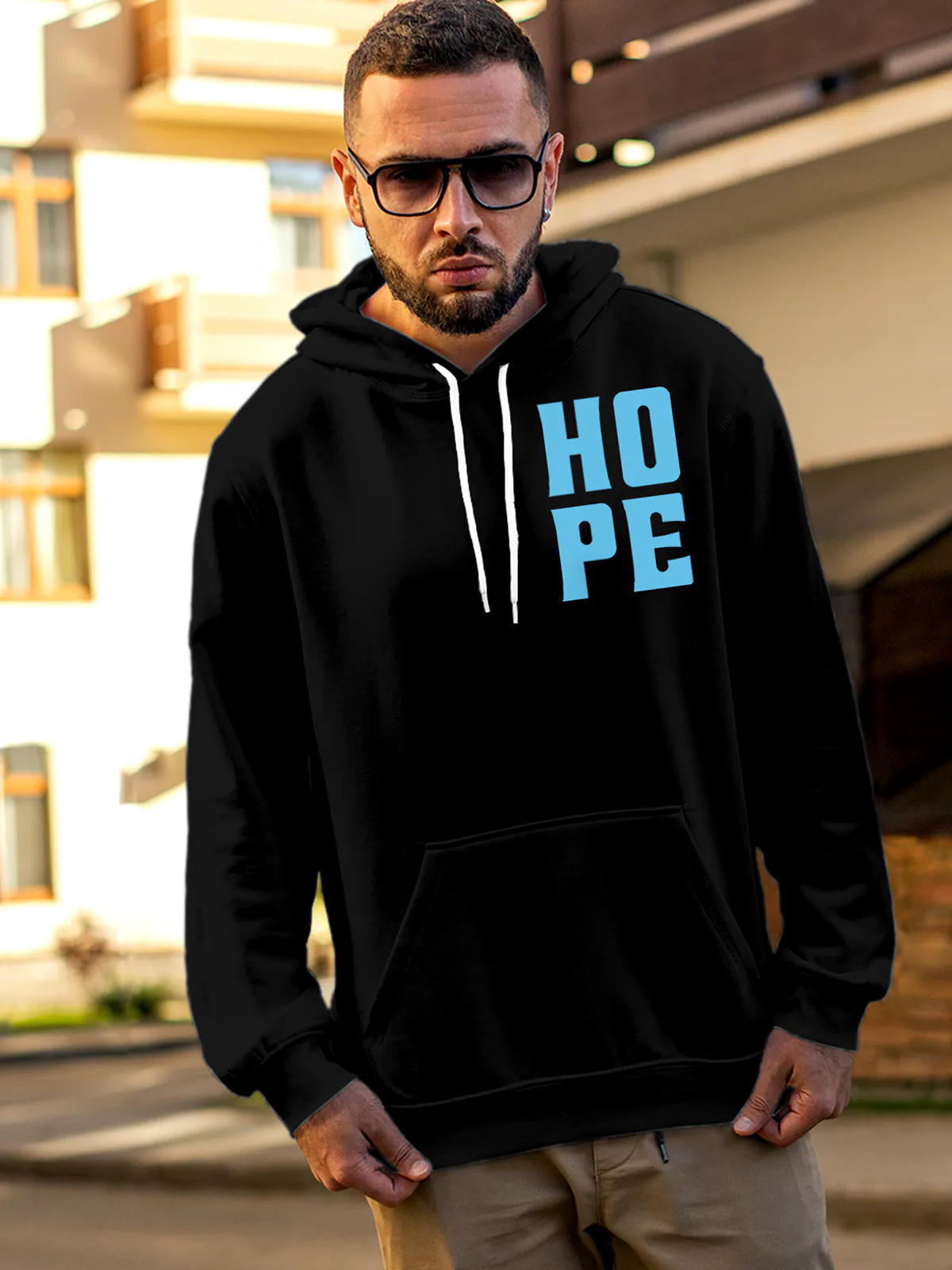 Model wearing Men's Black Hoodie Sweatshirt with 'Hope' design, offering effortless style and premium comfort