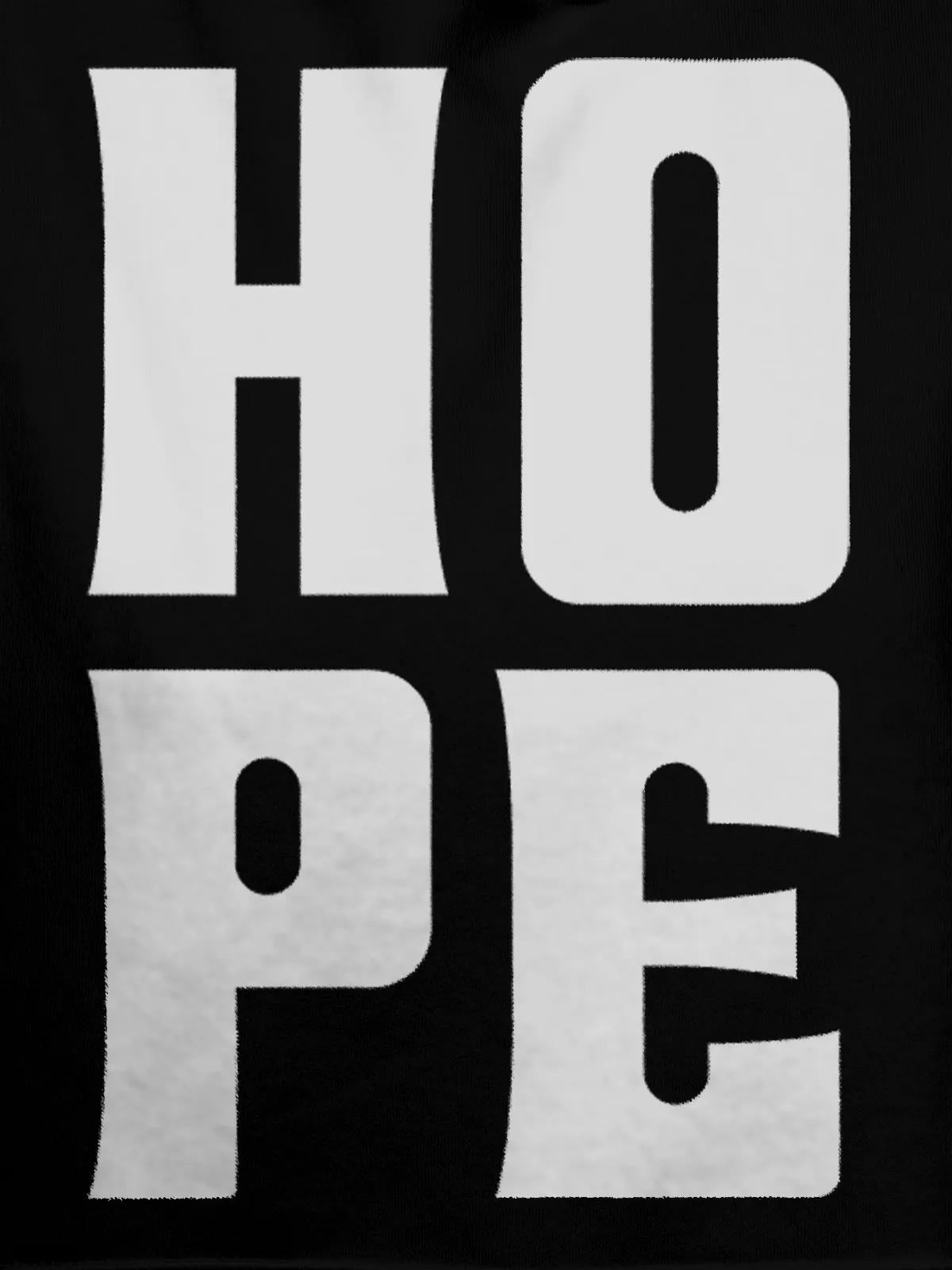 Close up of 'Hope' design on Men's Black Hoodie Sweatshirt, highlighting intricate details and vibrant print.