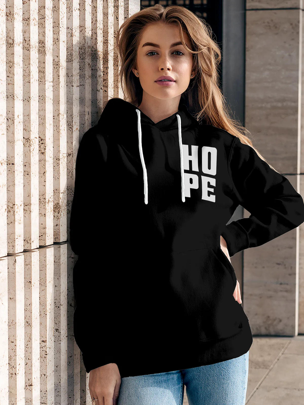 Model wearing Women's Black Hoodie Sweatshirt with 'Hope' design, offering effortless style and premium comfort