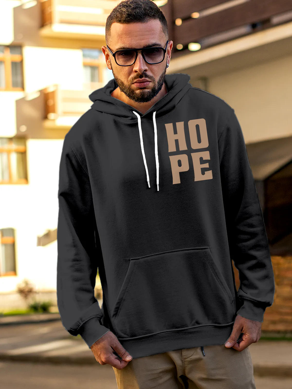 Model wearing Men's Dark Grey Hoodie Sweatshirt with 'Hope' design, offering effortless style and premium comfort