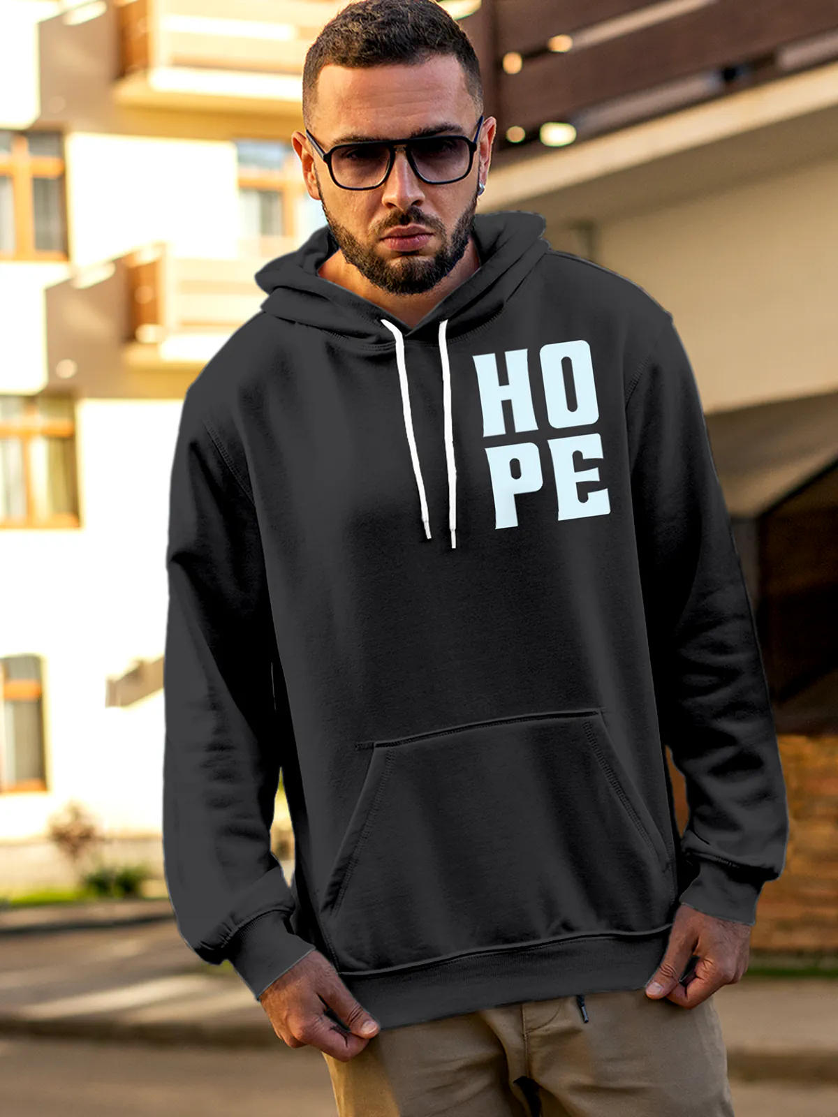 Model wearing Men's Dark Grey Hoodie Sweatshirt with 'Hope' design, offering effortless style and premium comfort