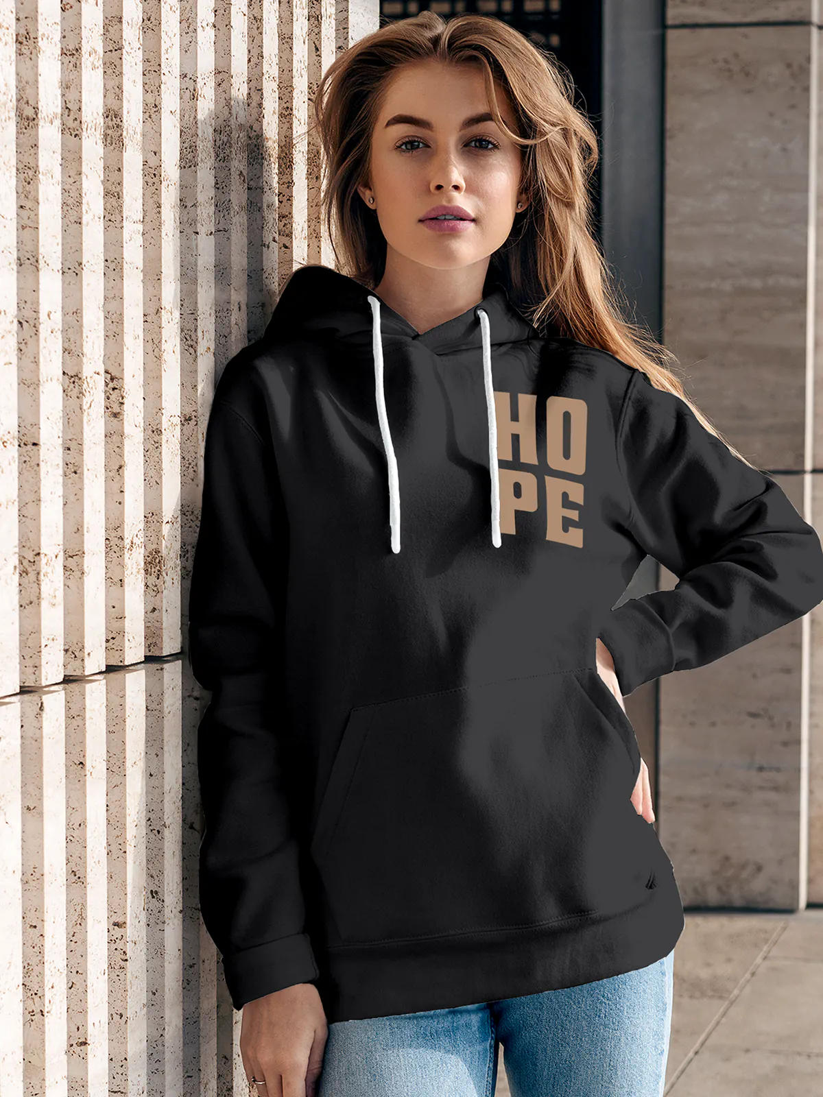 Model wearing Women's Dark Grey Hoodie Sweatshirt with 'Hope' design, offering effortless style and premium comfort