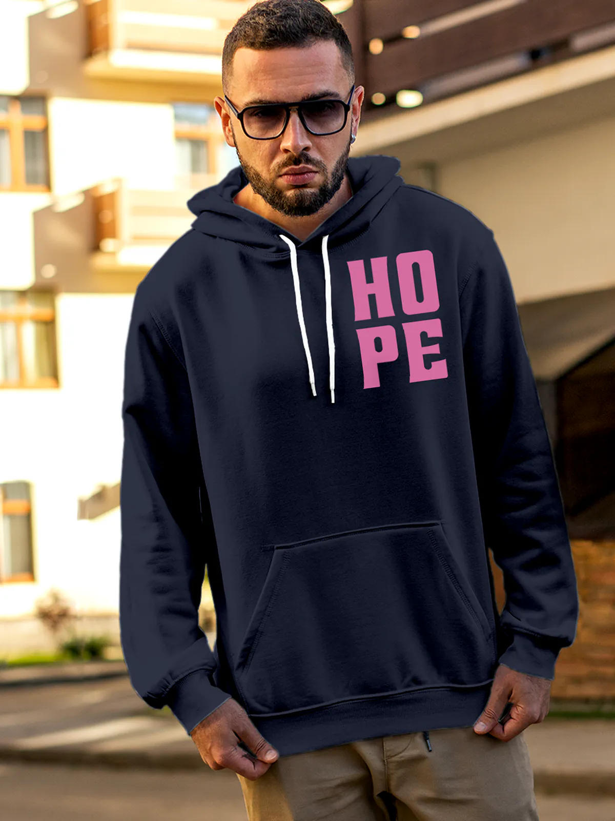 Model wearing Men's Navy Blue Hoodie Sweatshirt with 'Hope' design, offering effortless style and premium comfort