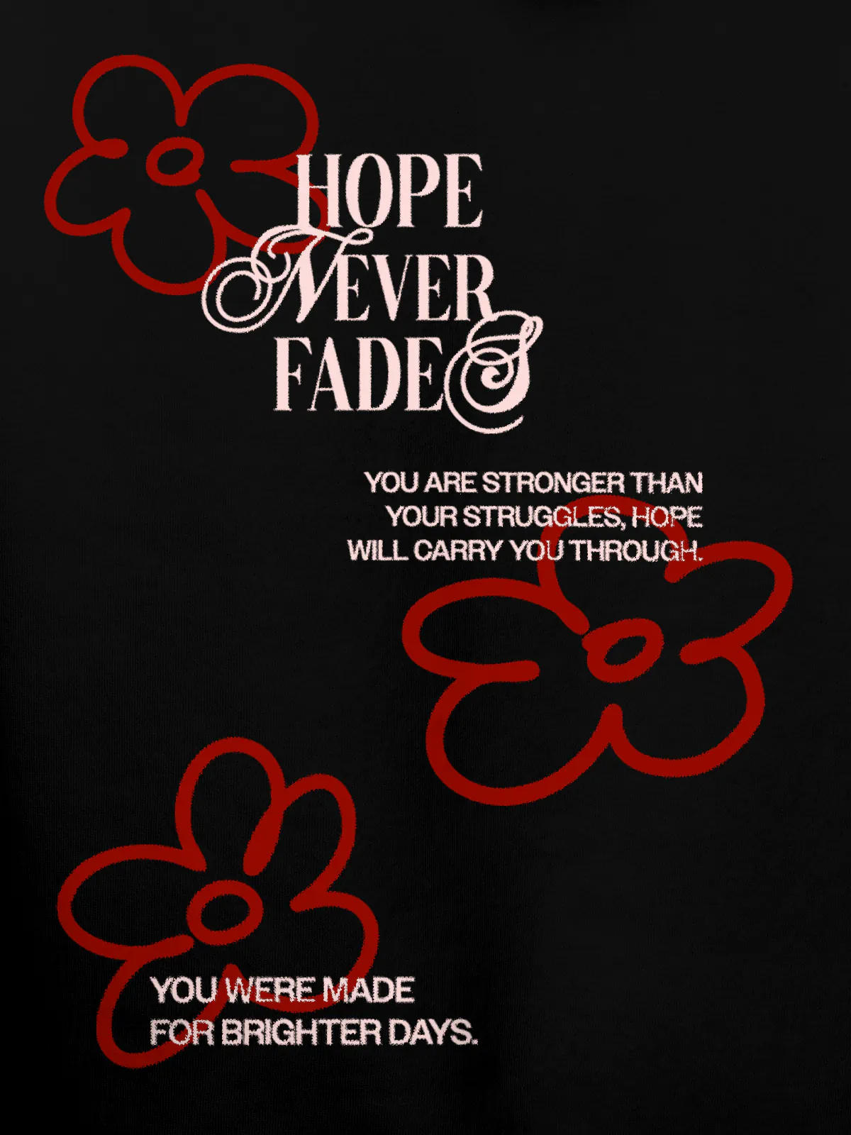 Close up of 'Hope Never Fades' design on Men's Black Hoodie Sweatshirt, highlighting intricate details and vibrant print.