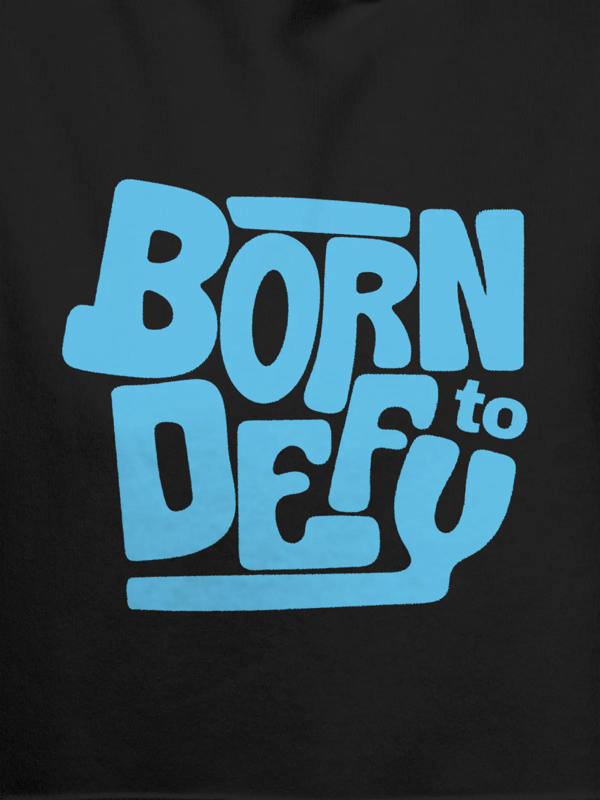 Close up of 'Born To Defy' design on Men's Dark Grey Hoodie Sweatshirt, highlighting intricate details and vibrant print.