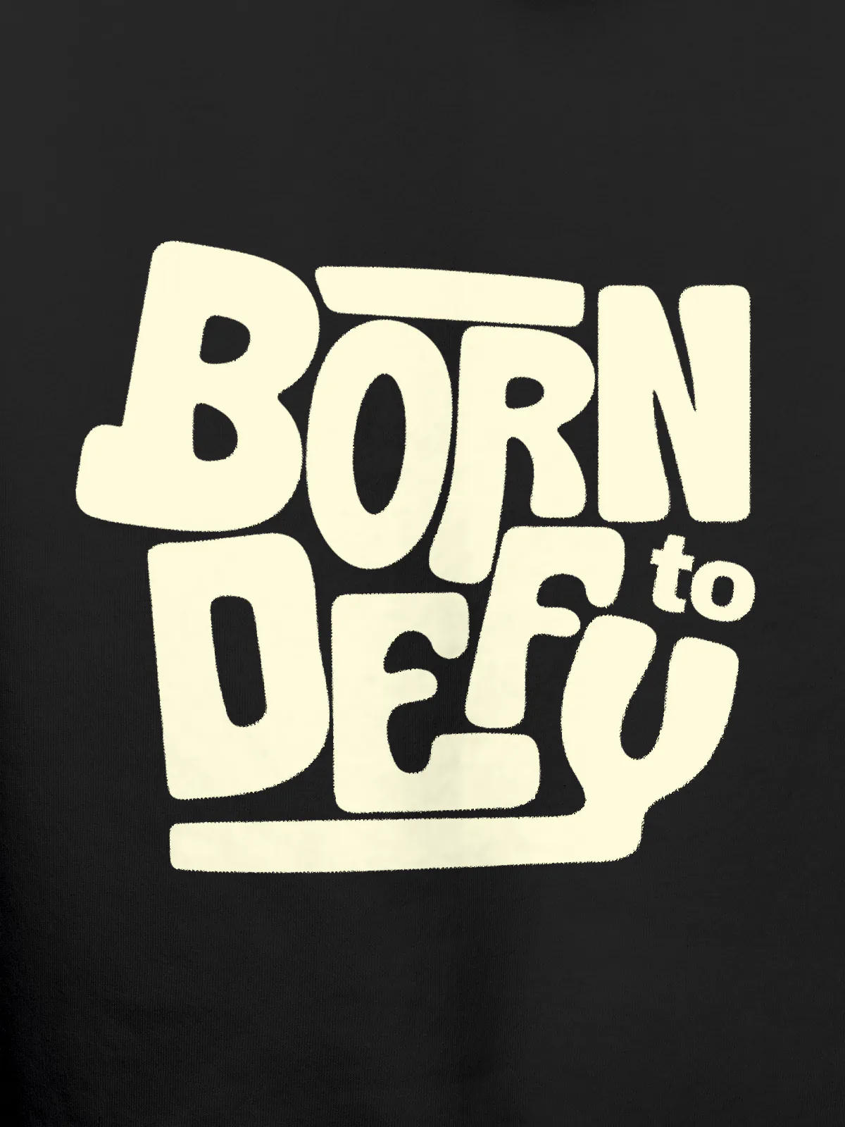 Close up of 'Born To Defy' design on Women's Dark Grey Hoodie Sweatshirt, highlighting intricate details and vibrant print.