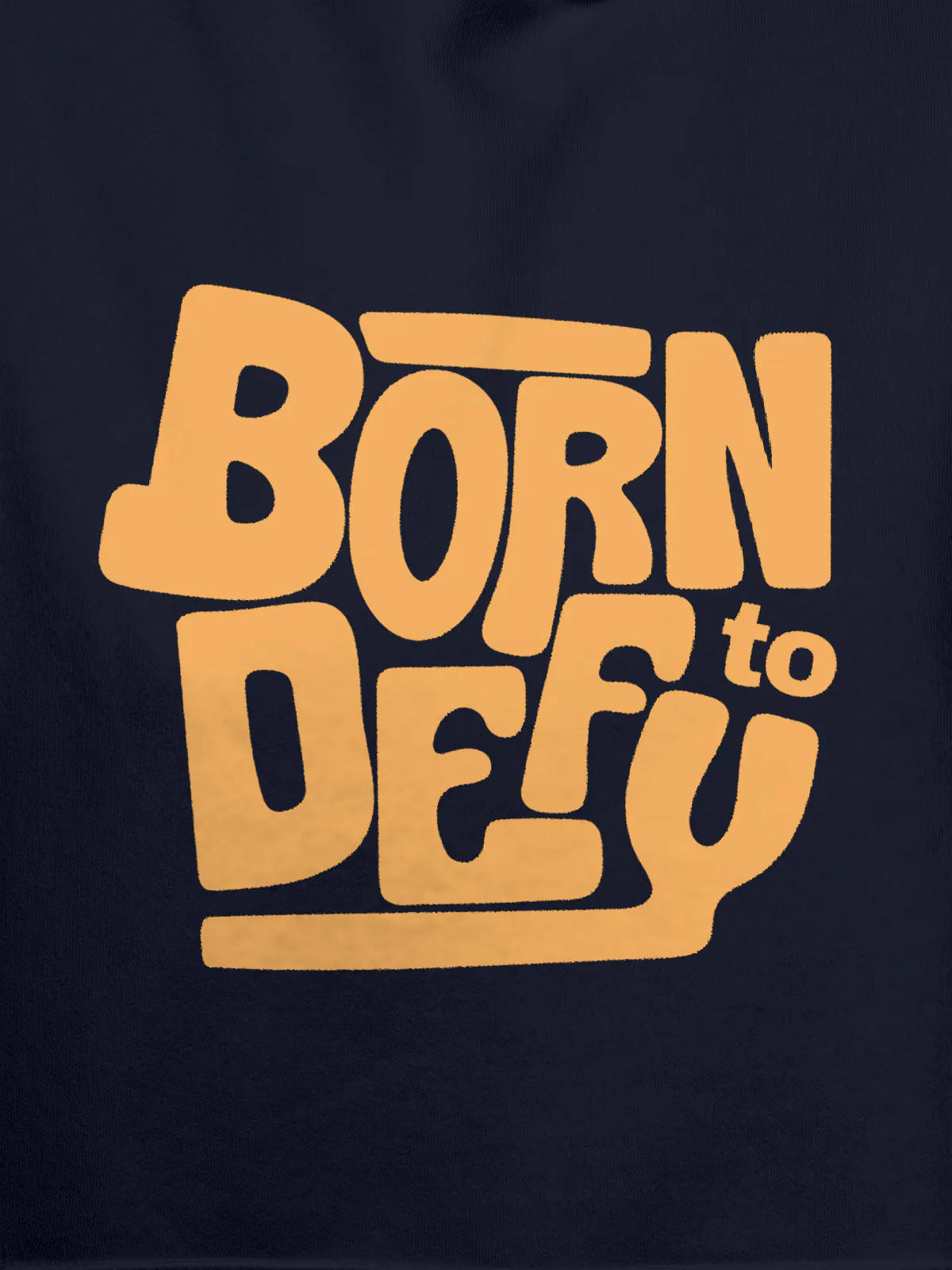 Close up of 'Born To Defy' design on Men's Navy Blue Hoodie Sweatshirt, highlighting intricate details and vibrant print.