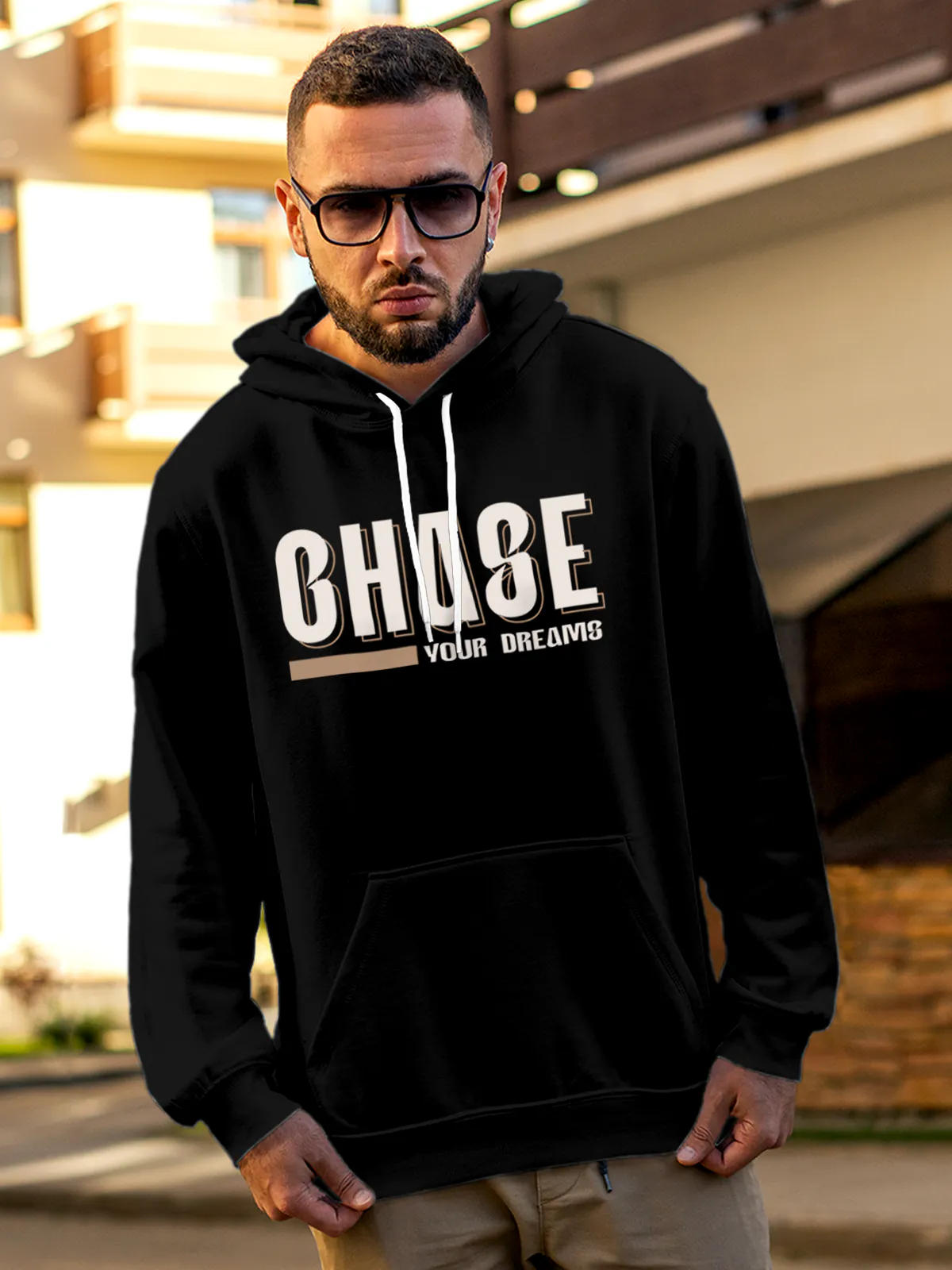 Front view of Fighterhero Men's Black Hoodie Sweatshirt, highlighting the modern look and clean finish
