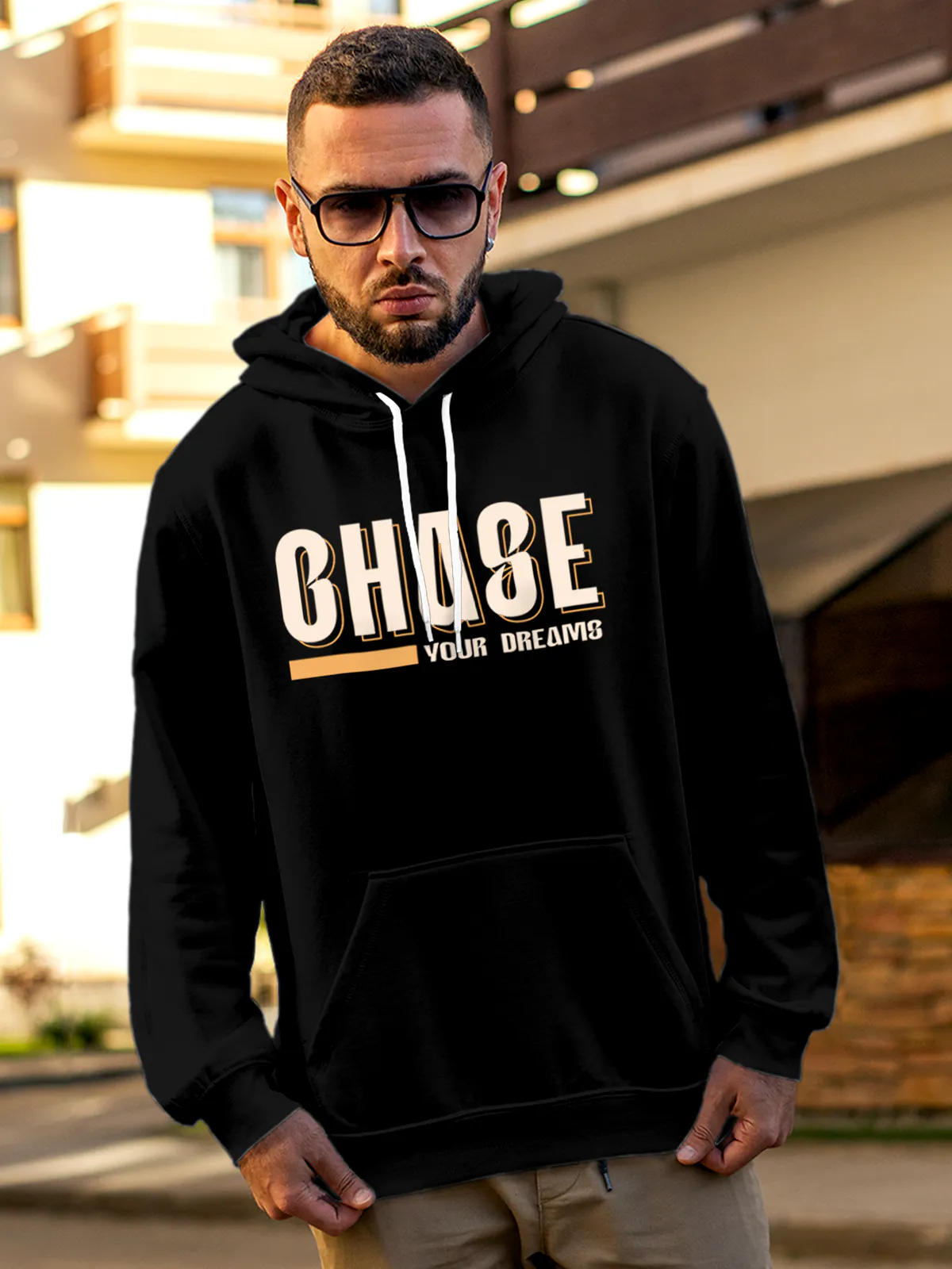 Front view of Fighterhero Men's Black Hoodie Sweatshirt, highlighting the modern look and clean finish