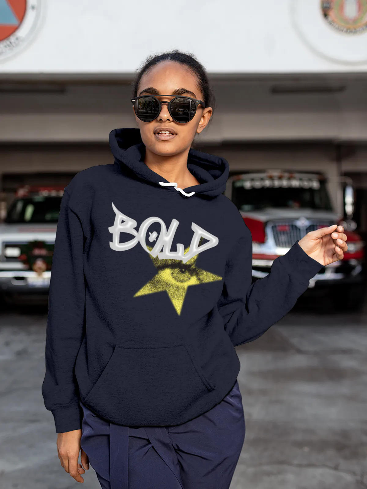 Model wearing Women's Navy Blue Hoodie Sweatshirt with 'Bold' design, offering effortless style and premium comfort