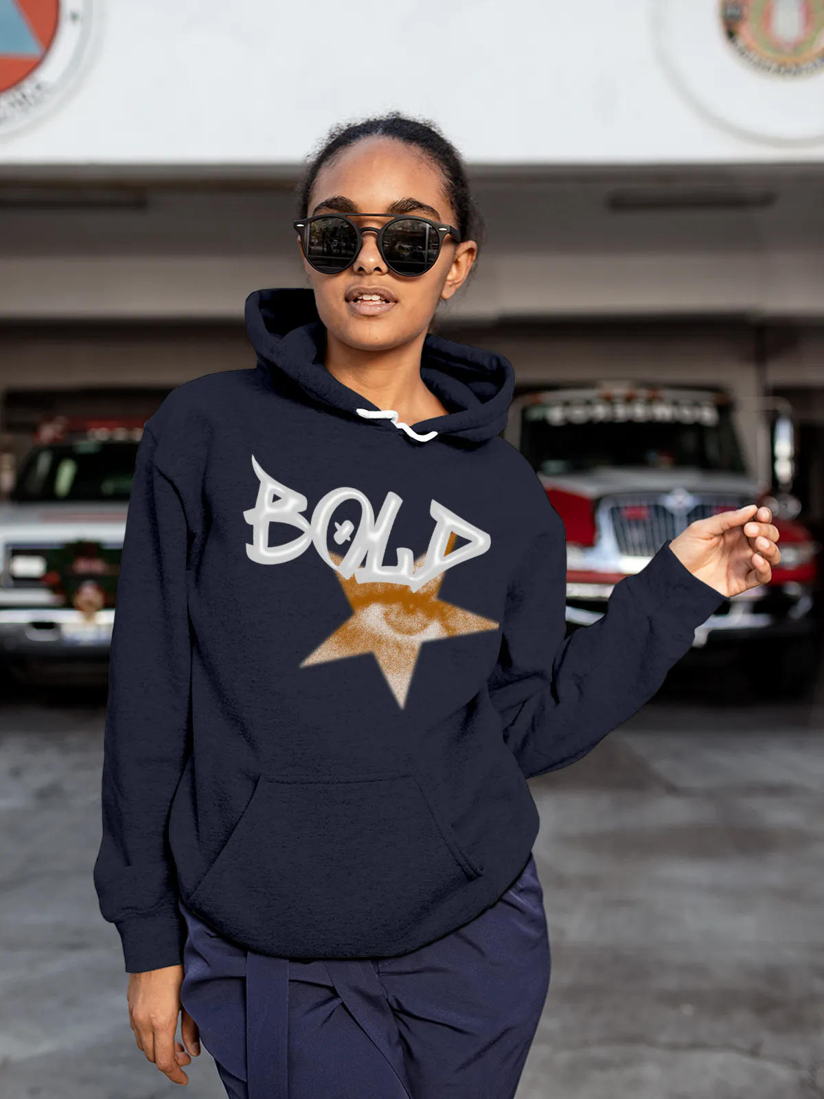 Model wearing Women's Navy Blue Hoodie Sweatshirt with 'Bold' design, offering effortless style and premium comfort