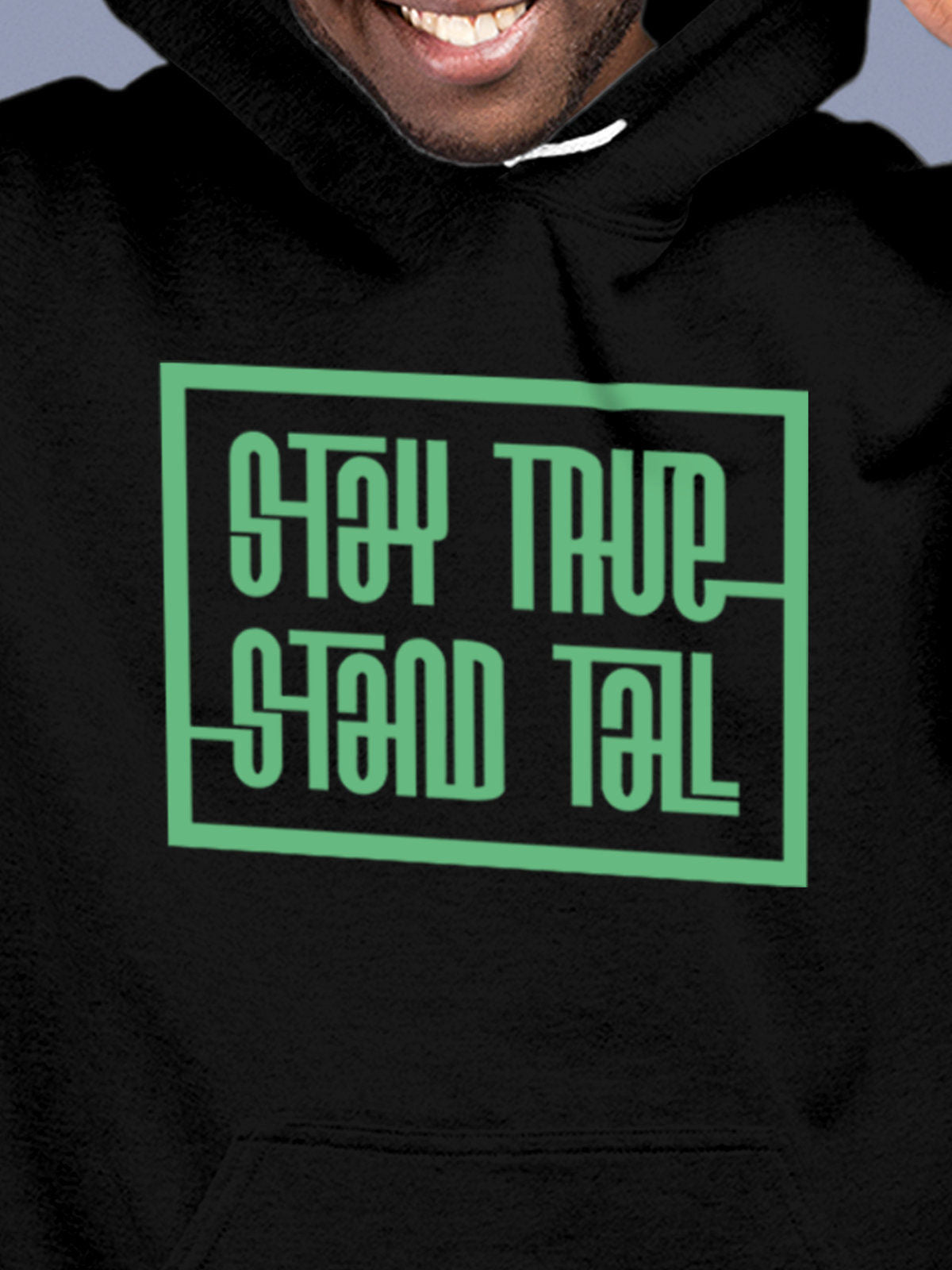 Close up of 'Stay True Stand Tall' design on Men's Black Hoodie Sweatshirt, highlighting intricate details and vibrant print.