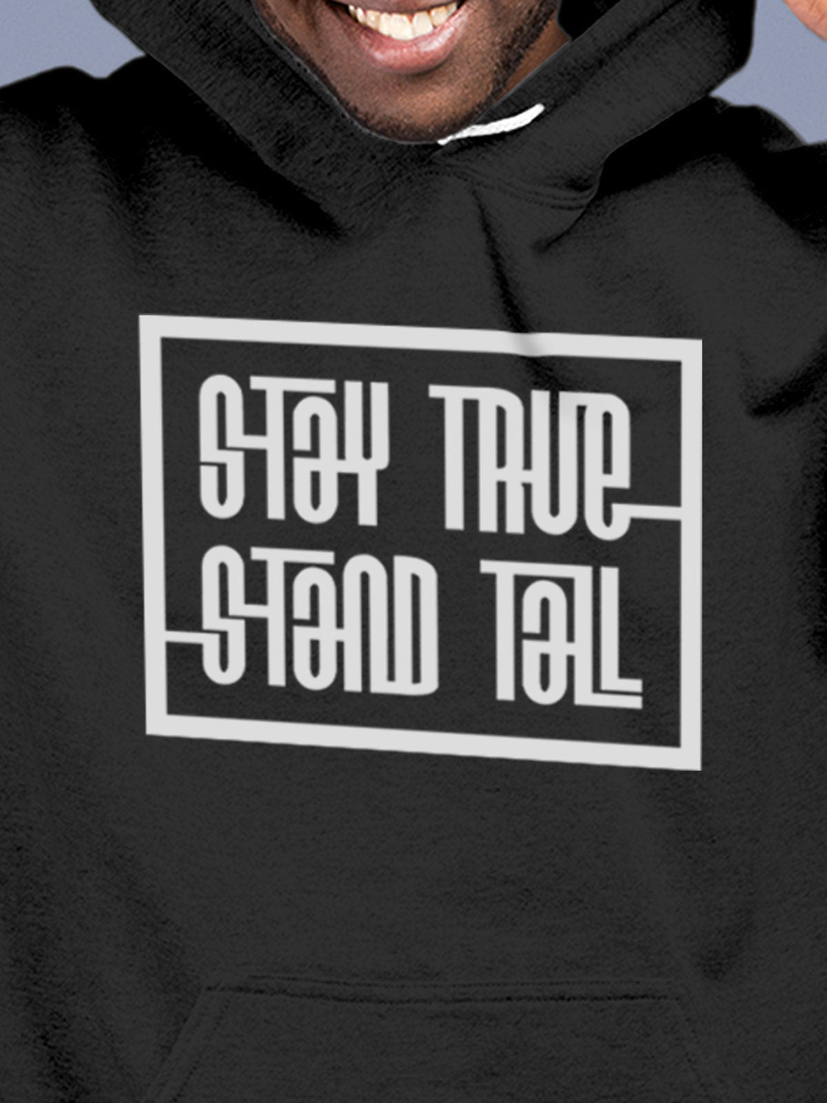Close up of 'Stay True Stand Tall' design on Men's Dark Grey Hoodie Sweatshirt, highlighting intricate details and vibrant print.