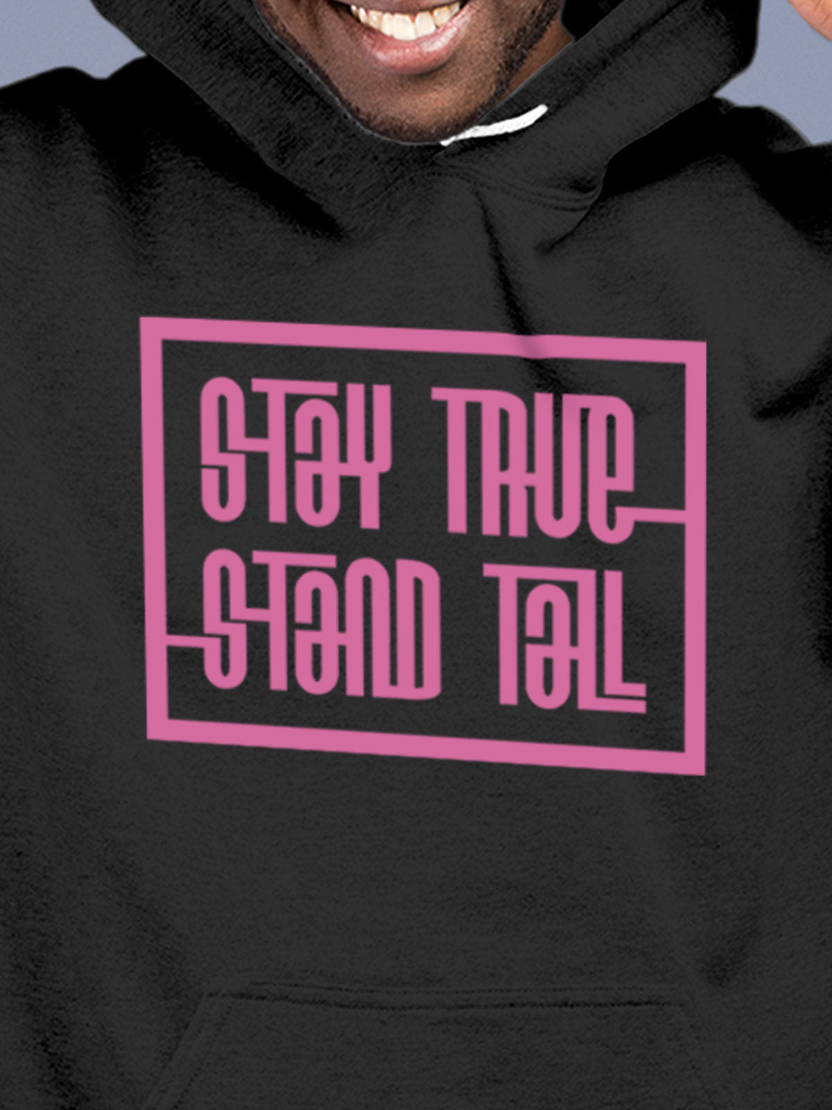 Close up of 'Stay True Stand Tall' design on Men's Dark Grey Hoodie Sweatshirt, highlighting intricate details and vibrant print.