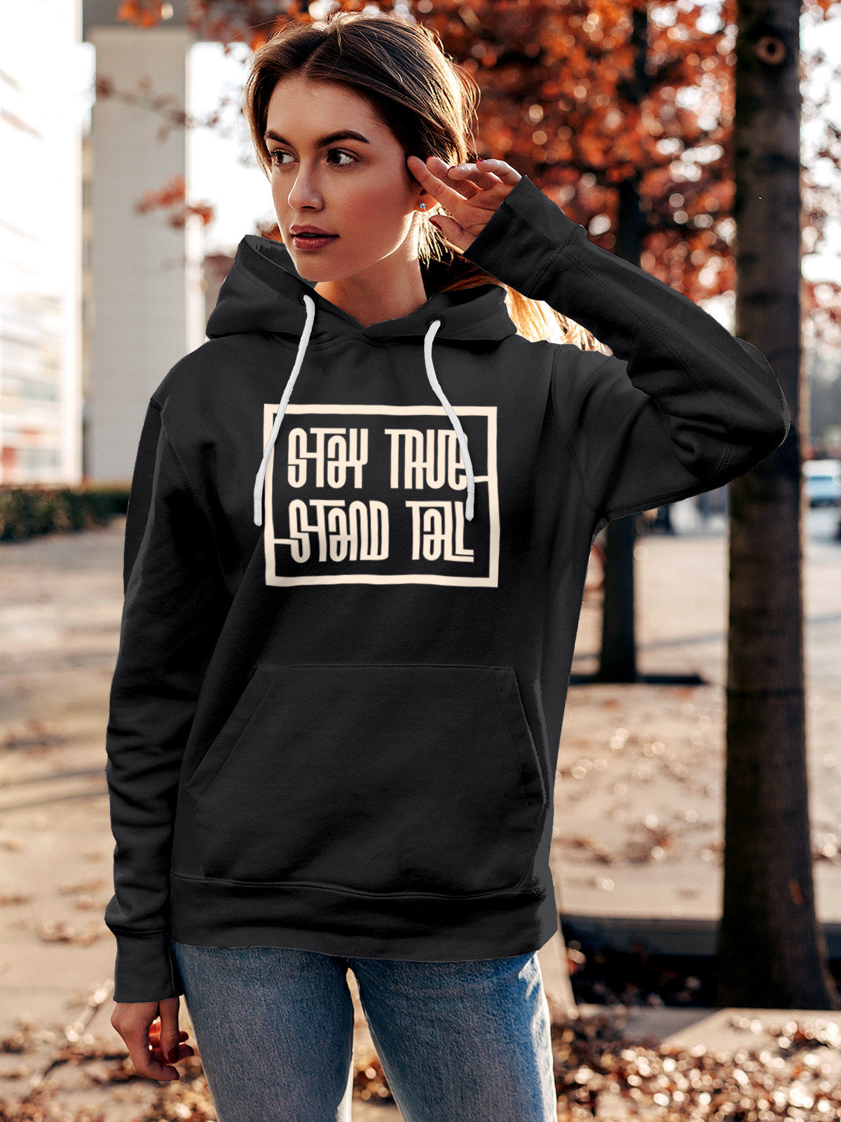 Model wearing Women's Dark Grey Hoodie Sweatshirt with 'Stay True Stand Tall' design, offering effortless style and premium comfort