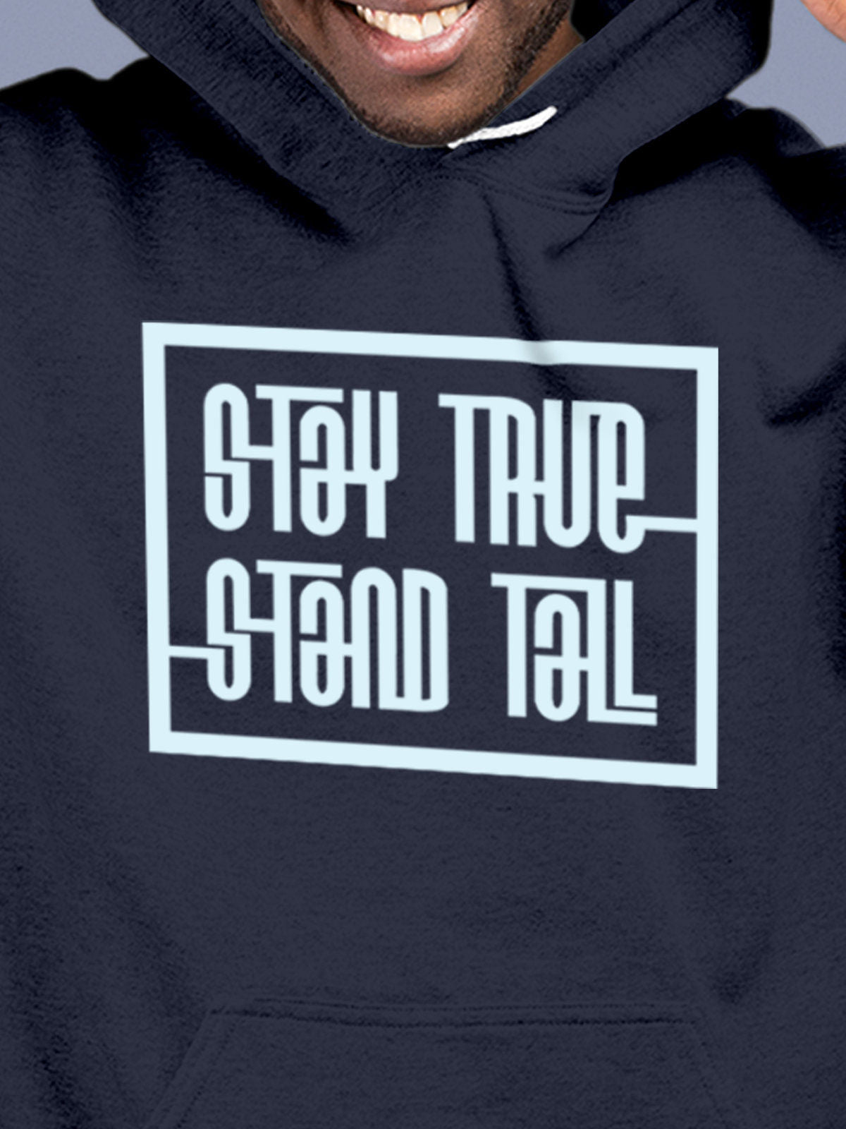 Close up of 'Stay True Stand Tall' design on Men's Navy Blue Hoodie Sweatshirt, highlighting intricate details and vibrant print.