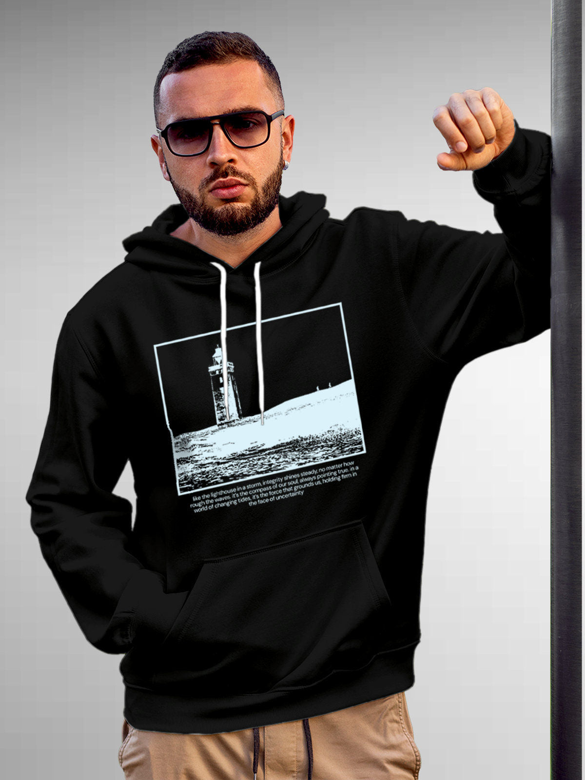 Model wearing Men's Black Hoodie Sweatshirt with 'Show The Way' design, offering effortless style and premium comfort
