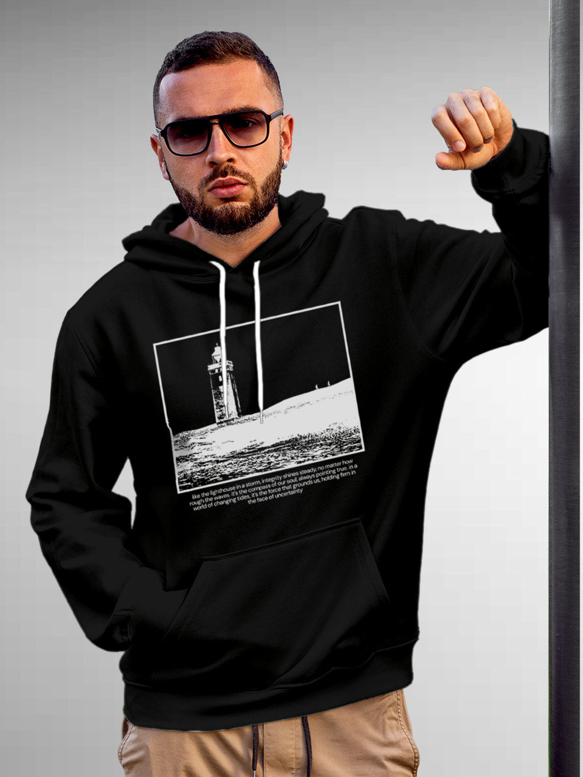 Model wearing Men's Black Hoodie Sweatshirt with 'Show The Way' design, offering effortless style and premium comfort
